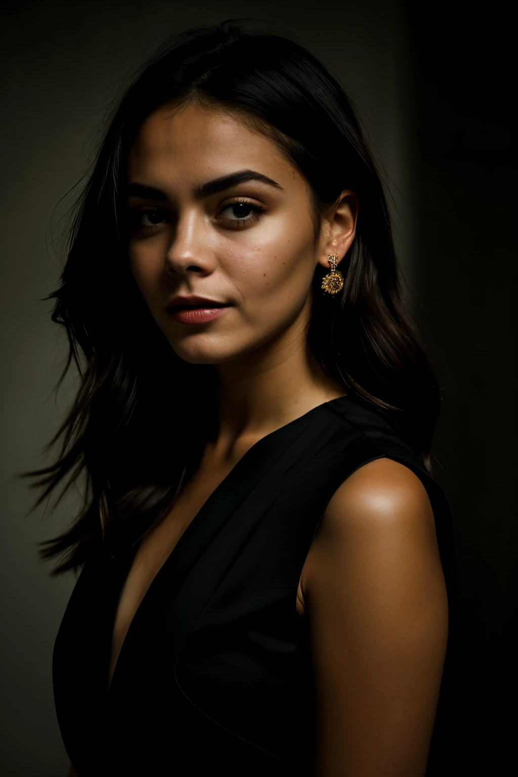foto cruda, Face portrait photo of beautiful 26 years old..oh mujer, Cara linda, vistiendo un vestido negro, cara feliz, sombras duras, cinematic shot, dramatic lighting