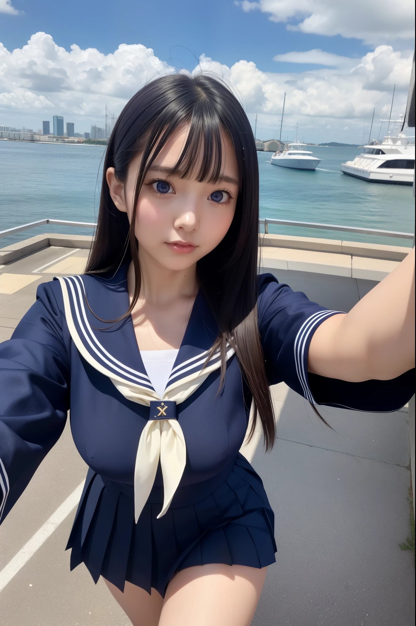 1girl, (solo), (selfie), (17 years old), huge breast:1.4, ((beautiful anime eyes with fine detail)), realistic skin, sailor suit, (Navy blue pleated miniskirt)