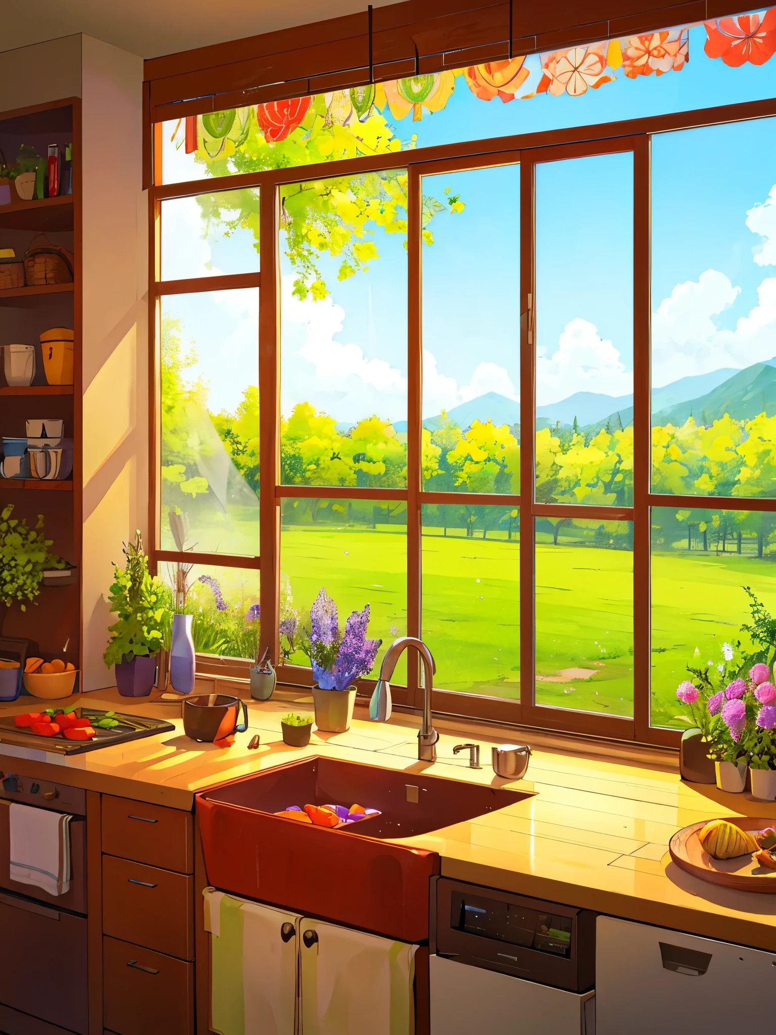 Kitchen with vegetables, flower park and trees view from window, sparkling, vibrant colors ,highly detailed, highly sharpened, masterpiece quality