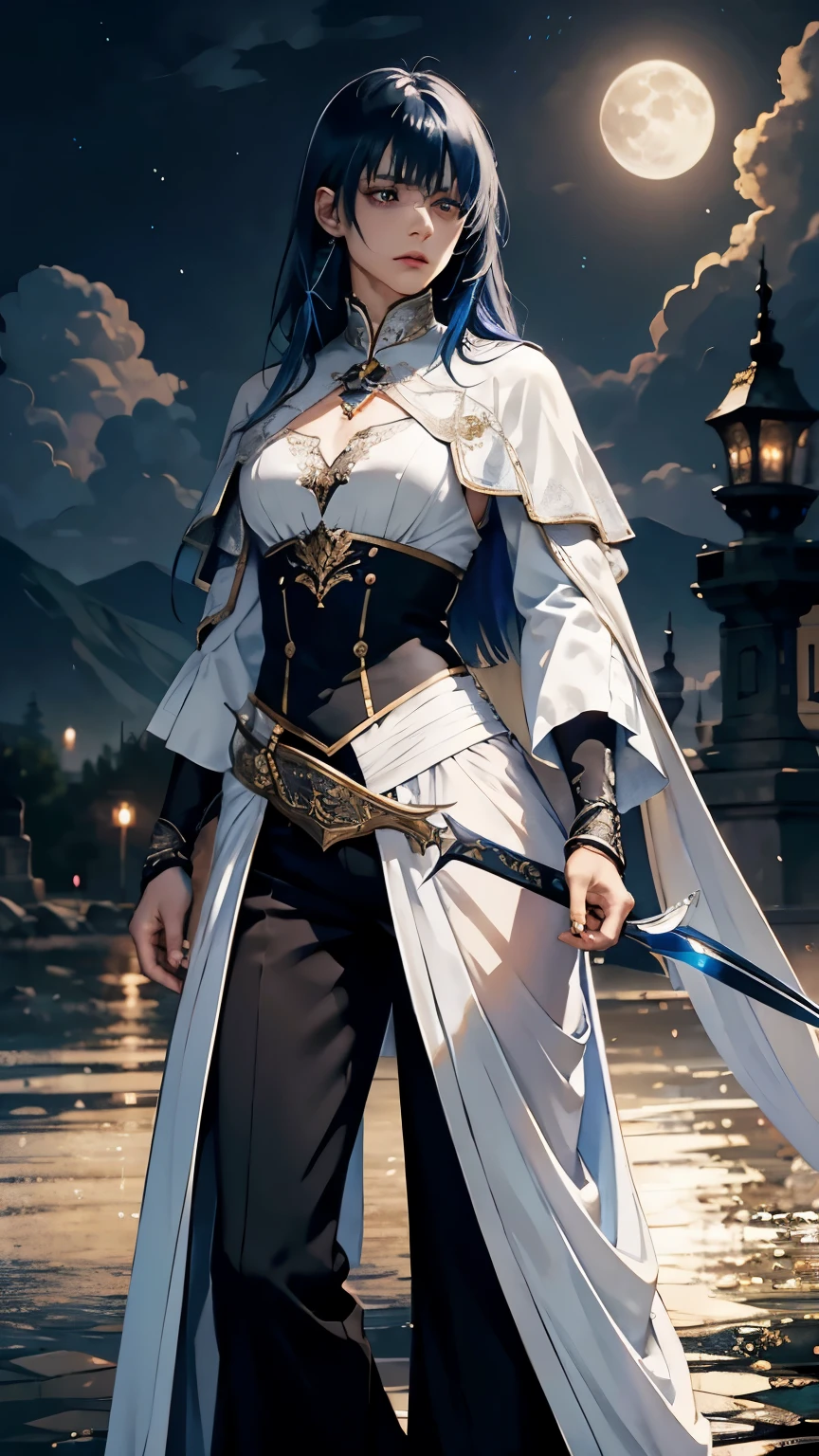 tmasterpiece, Best quality, hyper-detailing, CG illustration, Proper shading, Best quality at best,8K,tmasterpiece,Master illustration,Full-body art,Colorful,1 person,One guy,The skin is pitifully white,Silvery-white skin,mtu,It looks beautiful,feminine,carrying swords on his back,pronouncing a spell,Round pupils,short blue hair,short layered silvery blue hair short hair and waist,through bangs,half size,bird feather cloak,bangle,long sword,Tall guy,elegant standing pose,Stand in the moonlight,assassins,swordsgirl,The handsome,handsoms,Incredibly beautiful,shorter pants