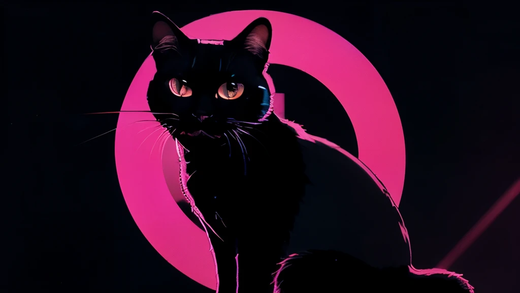 drawing of a synthwave style cat with black background inside a circle with black stripe, el gato tiene lentes circulares y observa fijamente