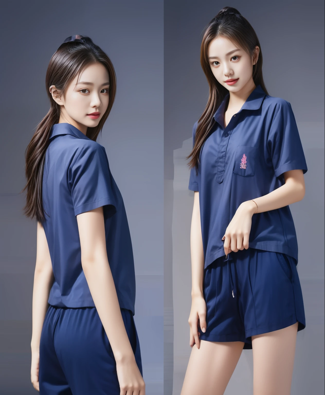 (best quality,10,10,height,Masterpiece:1.2),Special details,(realistic,ภาพrealistic,Realistic photos:1.37),1 Cute girl in the kitchen,shiny, ผิวshiny,only,smile softly,BDclothelue shirt:1.3)),short sleeve,shirt, กางเกงขาlong.,(navy_long_track pants:1.1), ((Kitchen Background)),Dynamic angle,excited,Face focus,dynamic poses,from behind,focus on ass,Masterpiece, best quality, ultra realistic, hyper-detail, 8K resolution, raw photos, Sharp focus, ((Navy blue shirt:1.1)), short sleeve, เส้นทางlong, perfect body, 2 mature women, 18 years old, Cinema-grade lighting system,blue sweatpants,shirtผ้าออกกำลังกาย,correct anatomy,perfect body, correct body, Sharp face, correct bodyทางกายวิภาค, full body, realistic gestures, long-haired, realistic poses,Wear long shorts...........................,ช่วงขาlong,Good shape,carved girl, Slender figure, model, Good shape, beautiful body,blue sweatpants, two girls kissing
