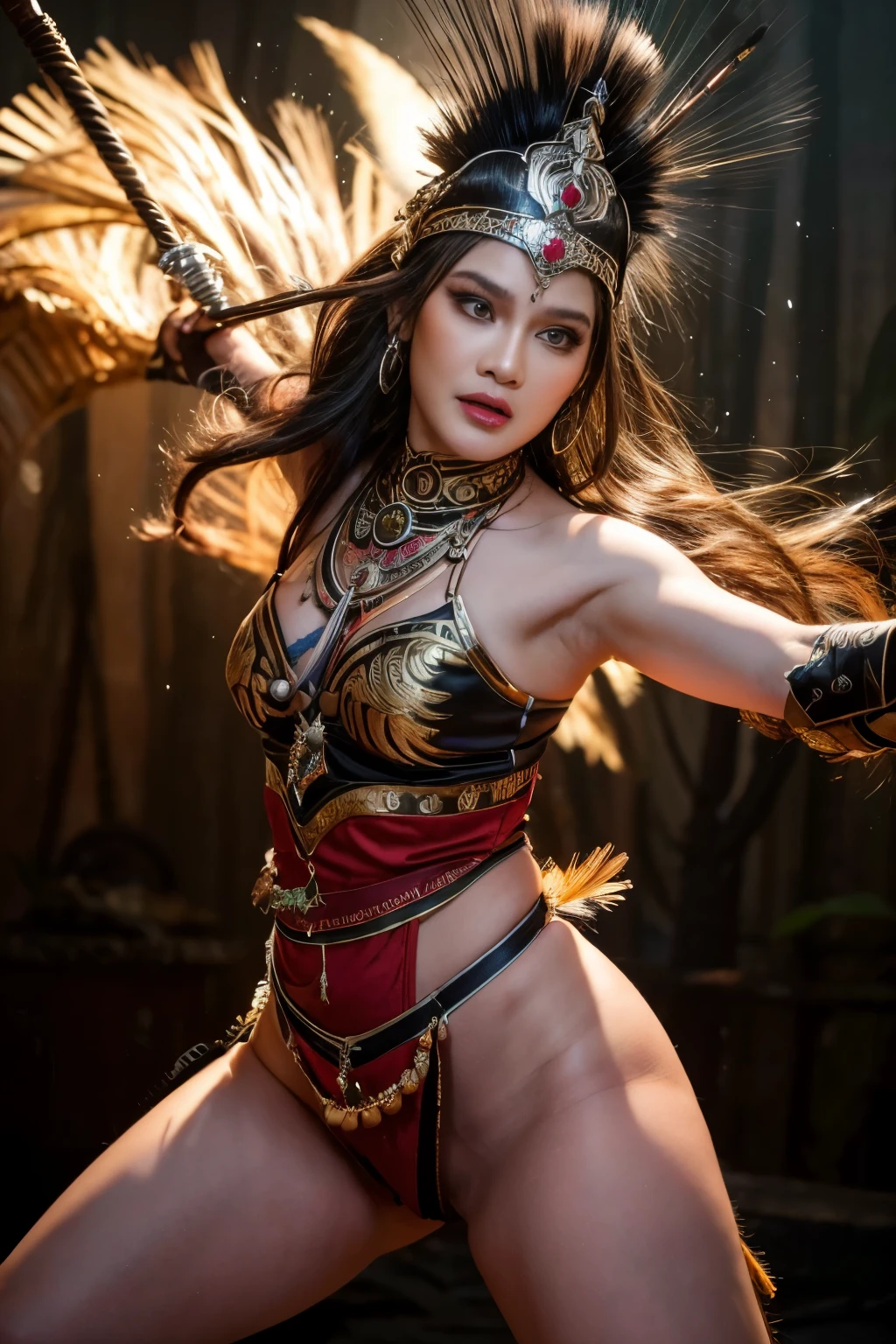 (best quality,4k,8k,highres,masterpiece:1.2),ultra-detailed,realistic,beautiful Indonesian woman warrior,expressive eyes,painted face,detailed warrior attire,intricate headdress,golden jewelry,dazzling sword,speaking power and strength,ancient traditions and culture,passionate and fearless fighter,commanding presence in the battlefield,mythical and mystical elements,rich colors of the Indonesian landscape,dramatic lighting,traditional Indonesian motifs,traditional weapons and armor,tribal markings on the body,graceful movements,warrior surrounded by lush tropical forest and exotic animals,embodying the spirit of the Indonesian warrior legends