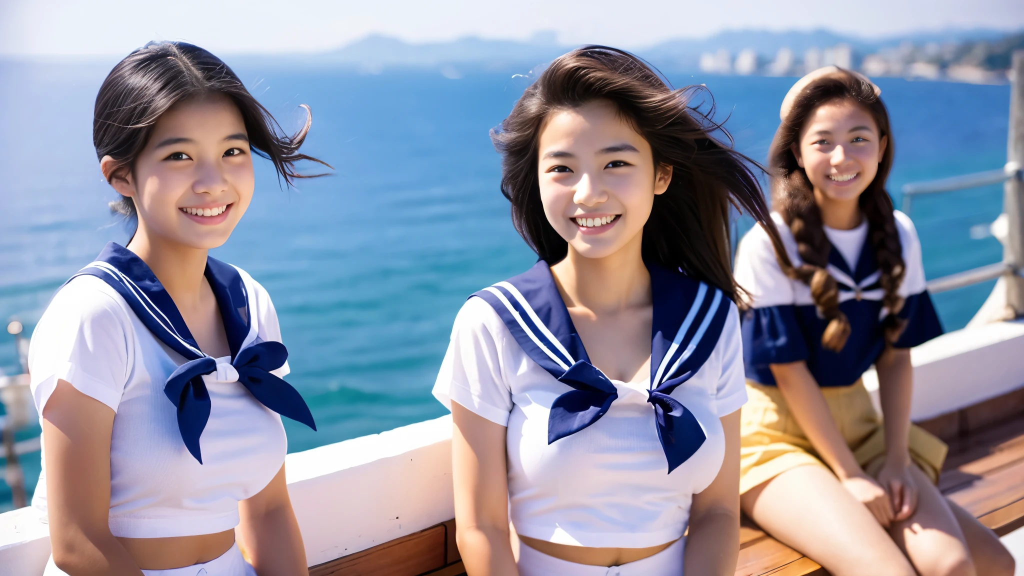 two beautiful women、15 years old 、Upper body、Lady、smile、80mm lens、Highest image quality、small breasts、Are thin、Sailor Shirt、bloomers、luxury hotel
