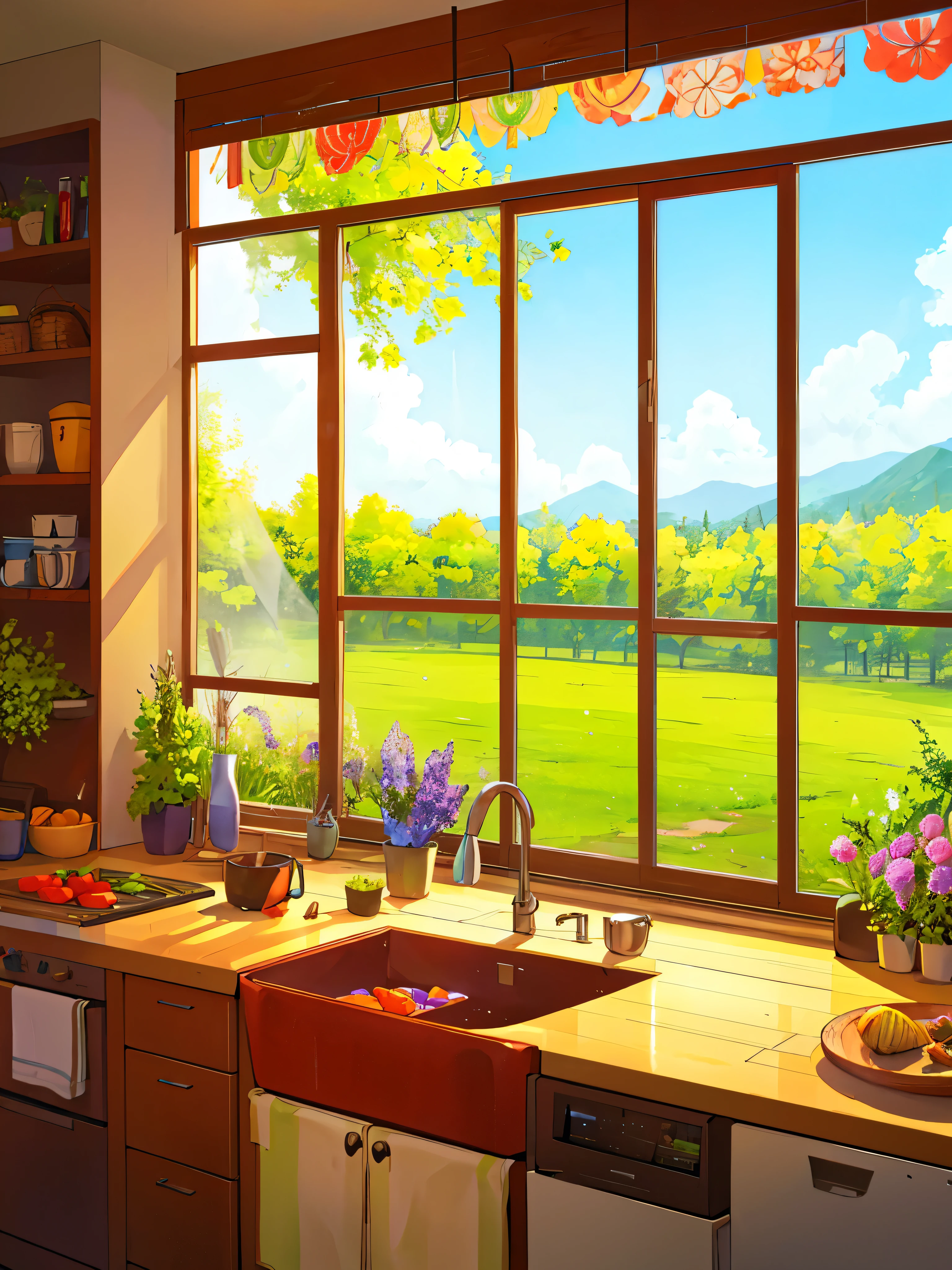 Kitchen with vegetables, flower park and trees view from window, sparkling, vibrant colors ,highly detailed, highly sharpened, masterpiece quality