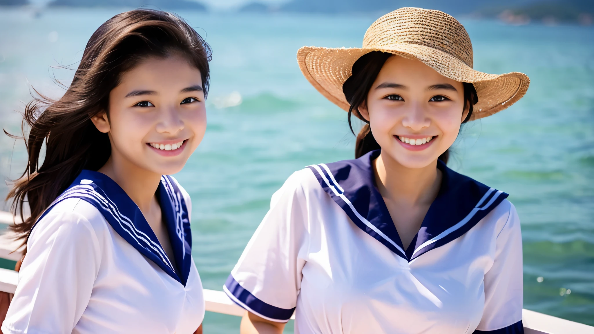 two beautiful women、15 years old 、Upper body、Lady、smile、80mm lens、Highest image quality、small breasts、Are thin、Sailor Shirt、bloomers、luxury hotel