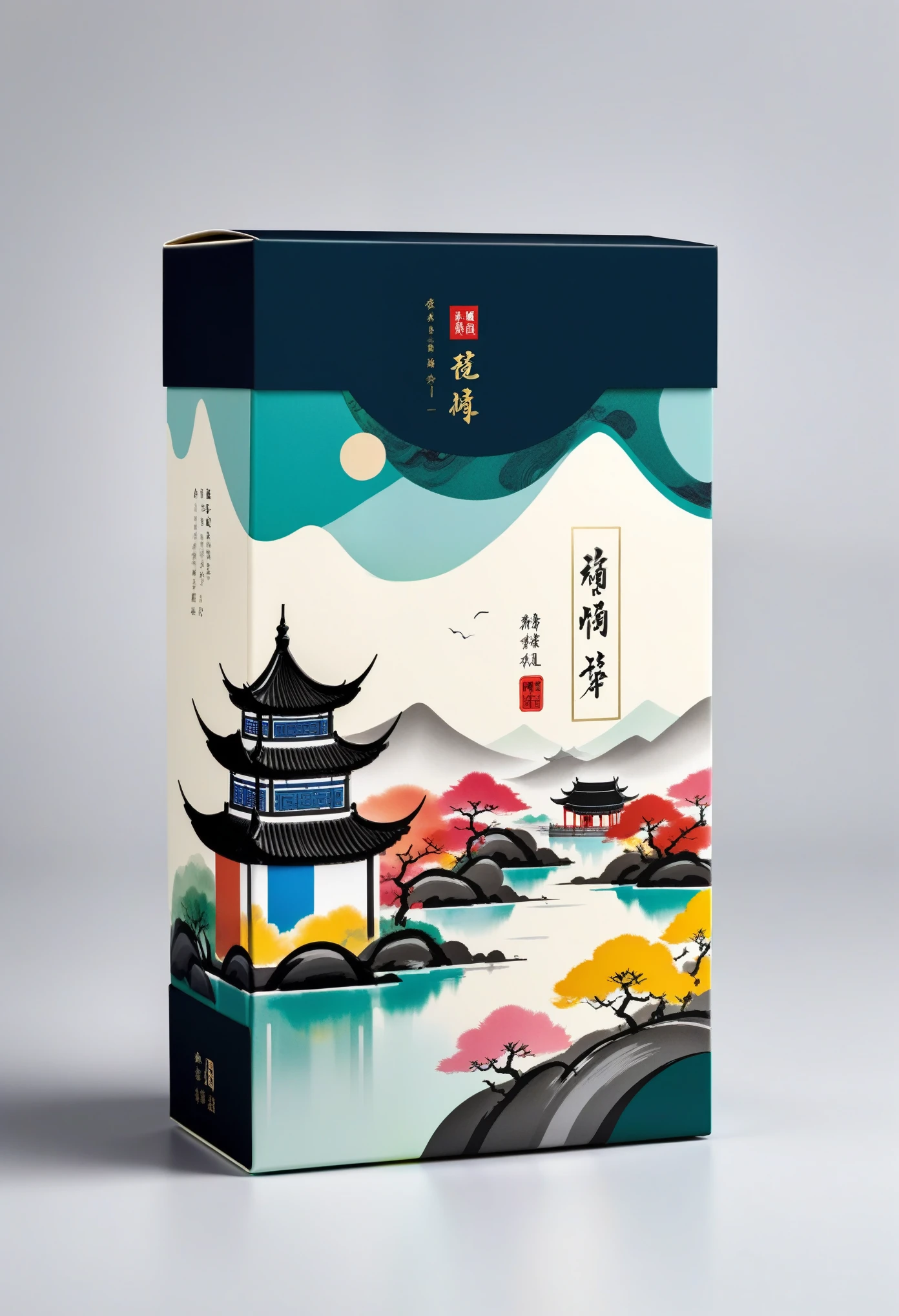 Tea product packaging design，packaging box，mail order box，printing：Geometric abstract ink，Describe the Jiangnan landscape architectural complex，Wu Guanzhong's style is an artistic expression that merges traditional Chinese ink techniques with Western painting concepts. It is characterized by modern interpretations of traditional themes, creating unique visual effects through color and line.