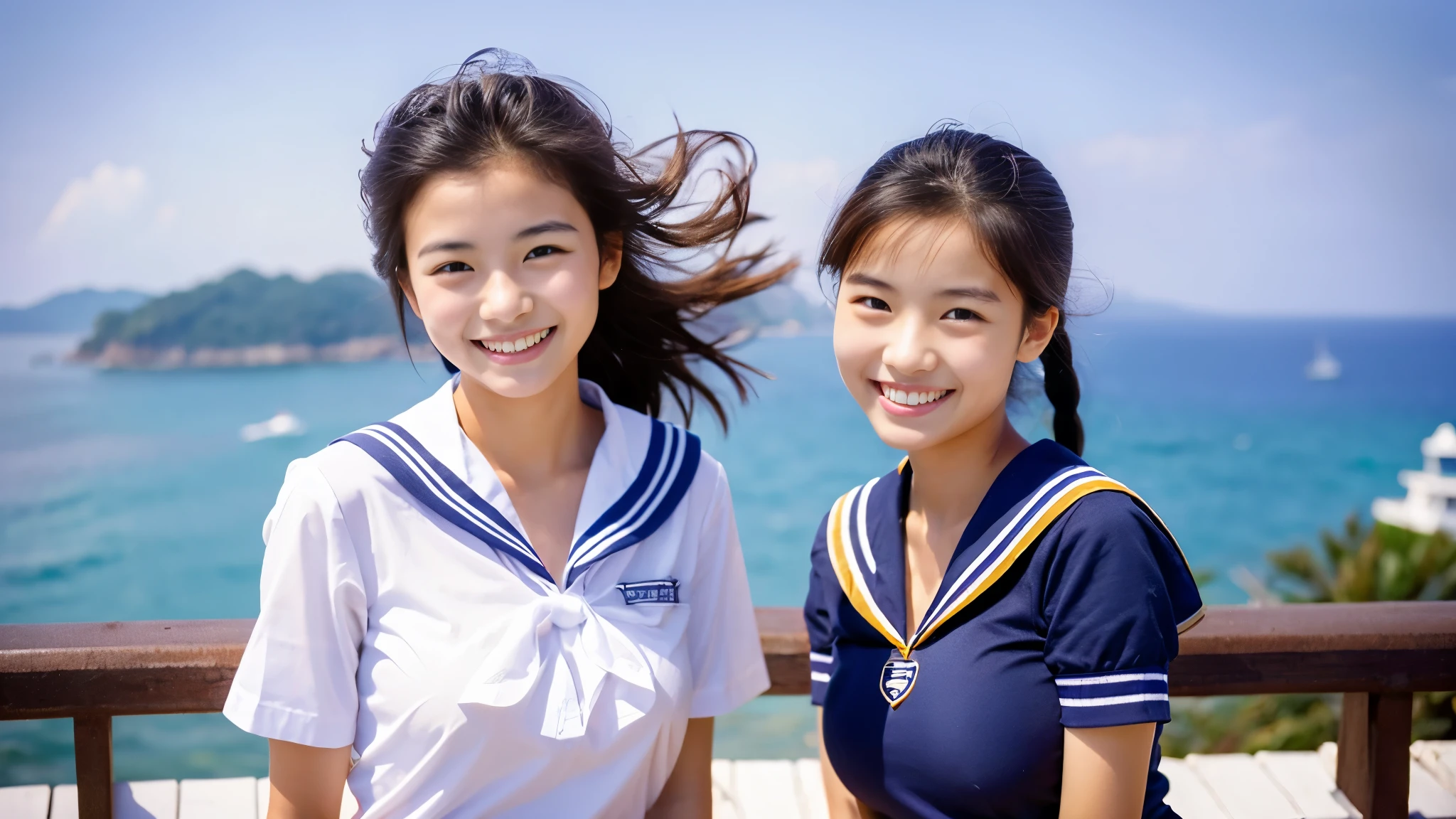 two beautiful women、15 years old 、Upper body、Lady、smile、80mm lens、Highest image quality、small breasts、Are thin、Sailor Shirt、bloomers、luxury hotel