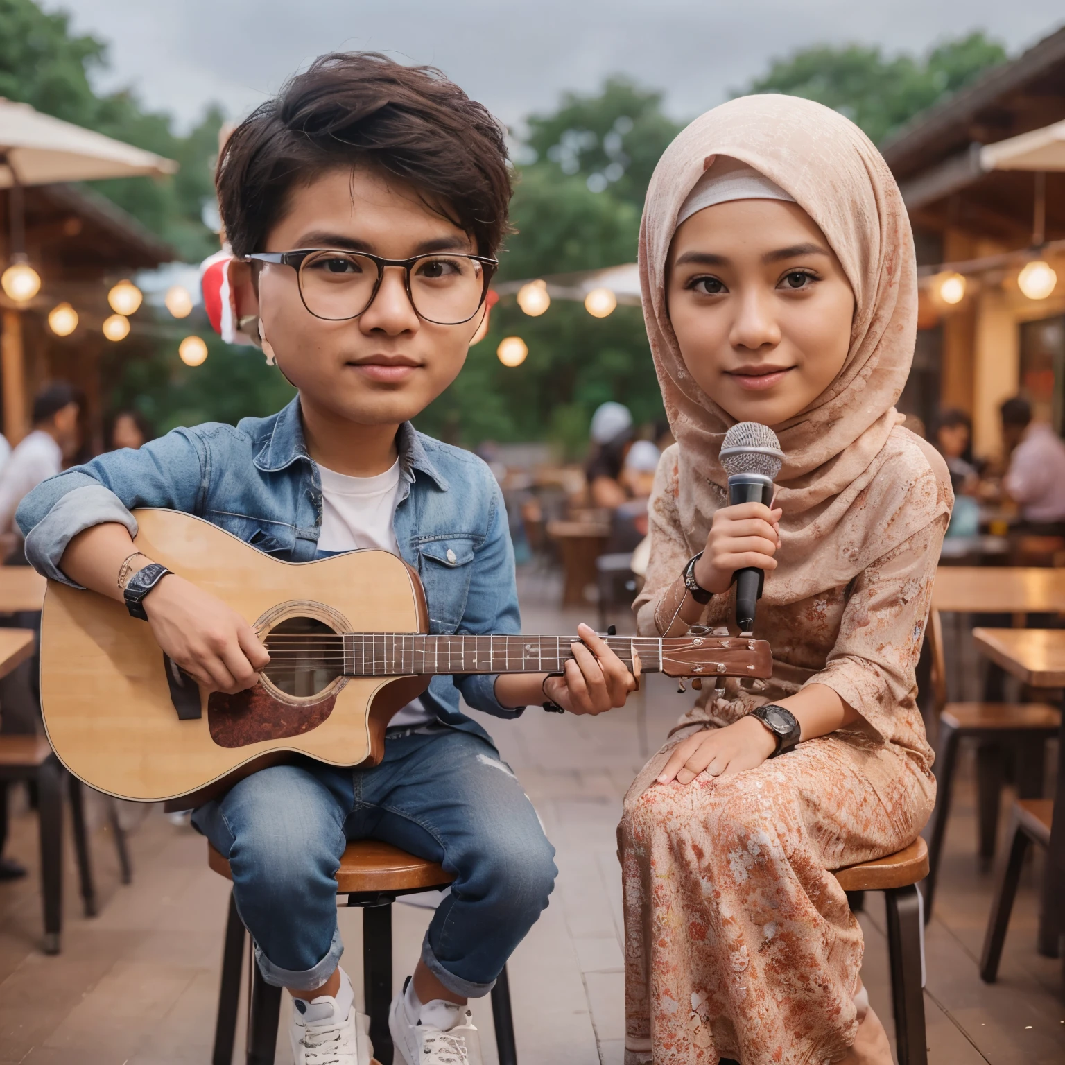 create a photo realistic character of a 28 year old Indonesian man sitting while playing an acoustic guitar and a woman wearing a hijab, holding a microphone singing, facing the camera, wearing casual clothes, wearing a watch, the background of the picture is an outdoor cafe, 8k, in focus.