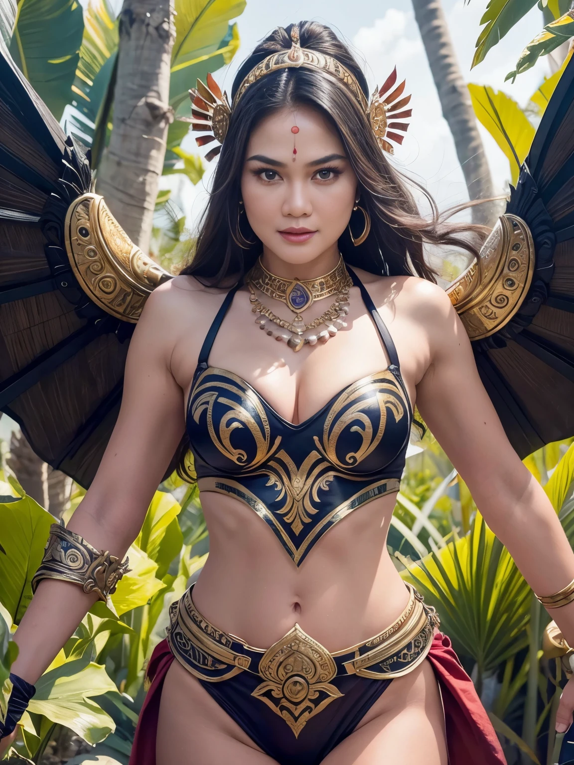 (best quality,4k,8k,highres,masterpiece:1.2),ultra-detailed,realistic,beautiful Indonesian woman warrior,expressive eyes,painted face,detailed warrior attire,intricate headdress,golden jewelry,dazzling sword,speaking power and strength,ancient traditions and culture,passionate and fearless fighter,commanding presence in the battlefield,mythical and mystical elements,rich colors of the Indonesian landscape,dramatic lighting,traditional Indonesian motifs,traditional weapons and armor,tribal markings on the body,graceful movements,warrior surrounded by lush tropical forest and exotic animals,embodying the spirit of the Indonesian warrior legends