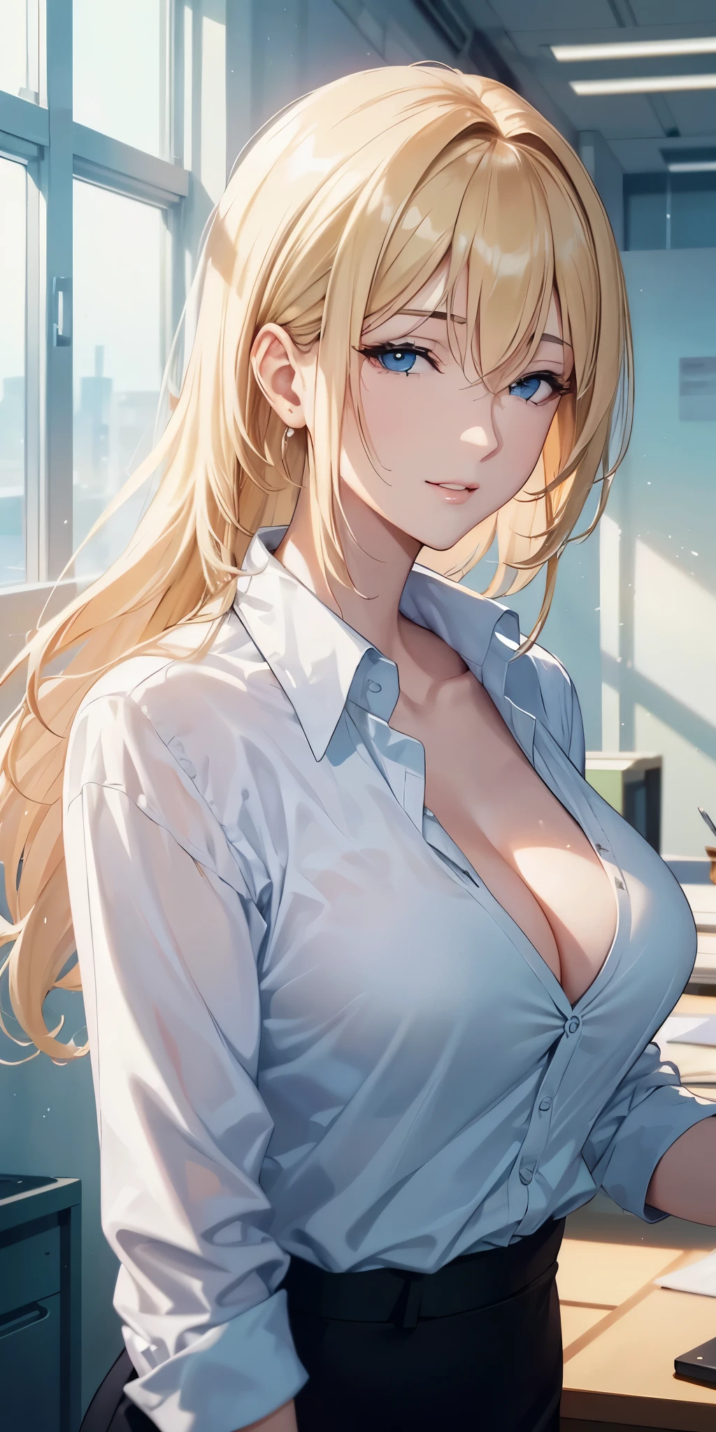 best quality, 4k resolution, portrait, elegant boss lady, fair skin, long straight hair, swept-side bang, [[[brown hair]]], blonde hair, office shirt, cleavage, office window, soft light, beautiful 