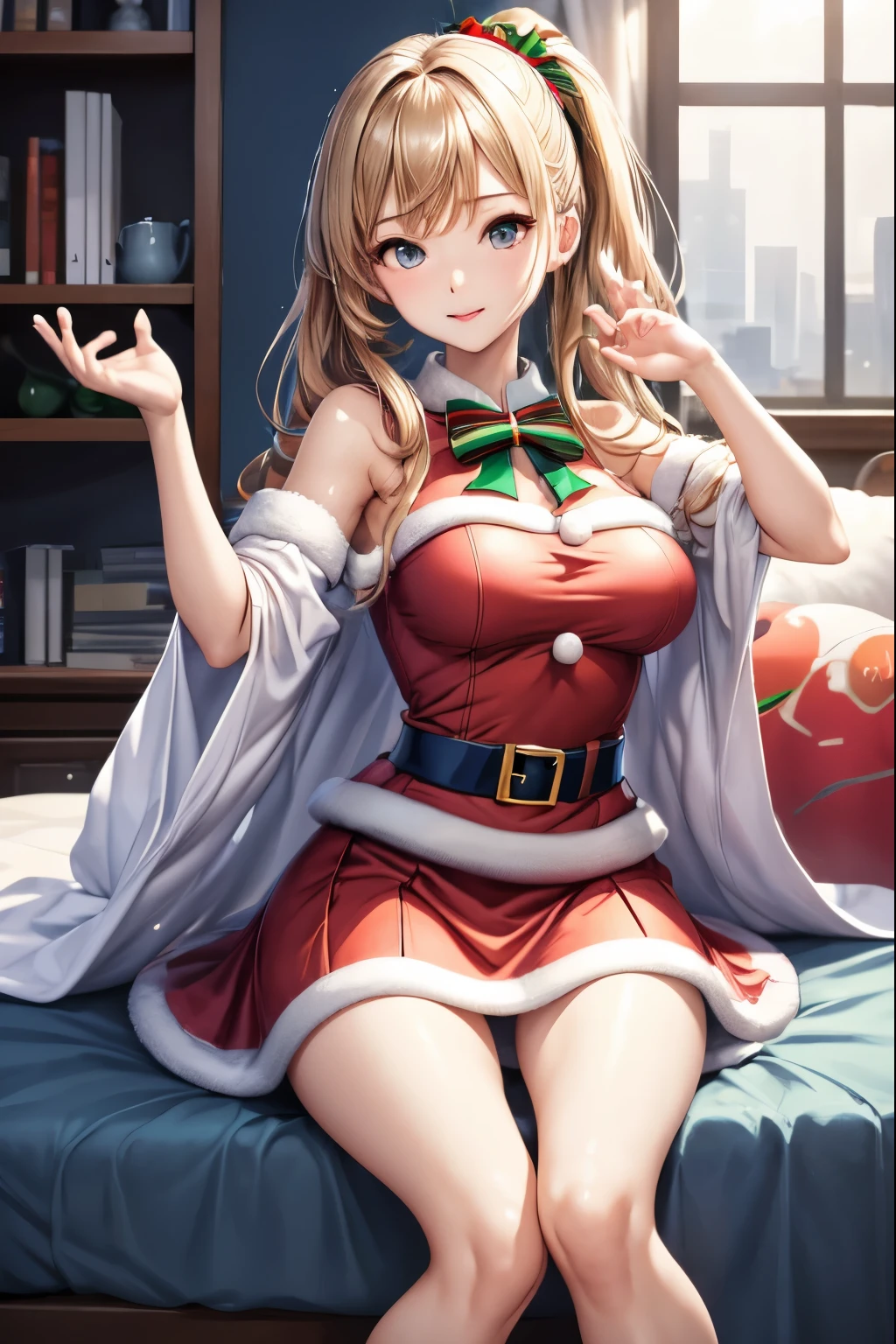 ((highest quality)), ((masterpiece)), (Detailed miniskirt Santa),Squeeze with your left hand、 perfect face、Wear only miniskirt dress、spread her legs、show white panties,sexy