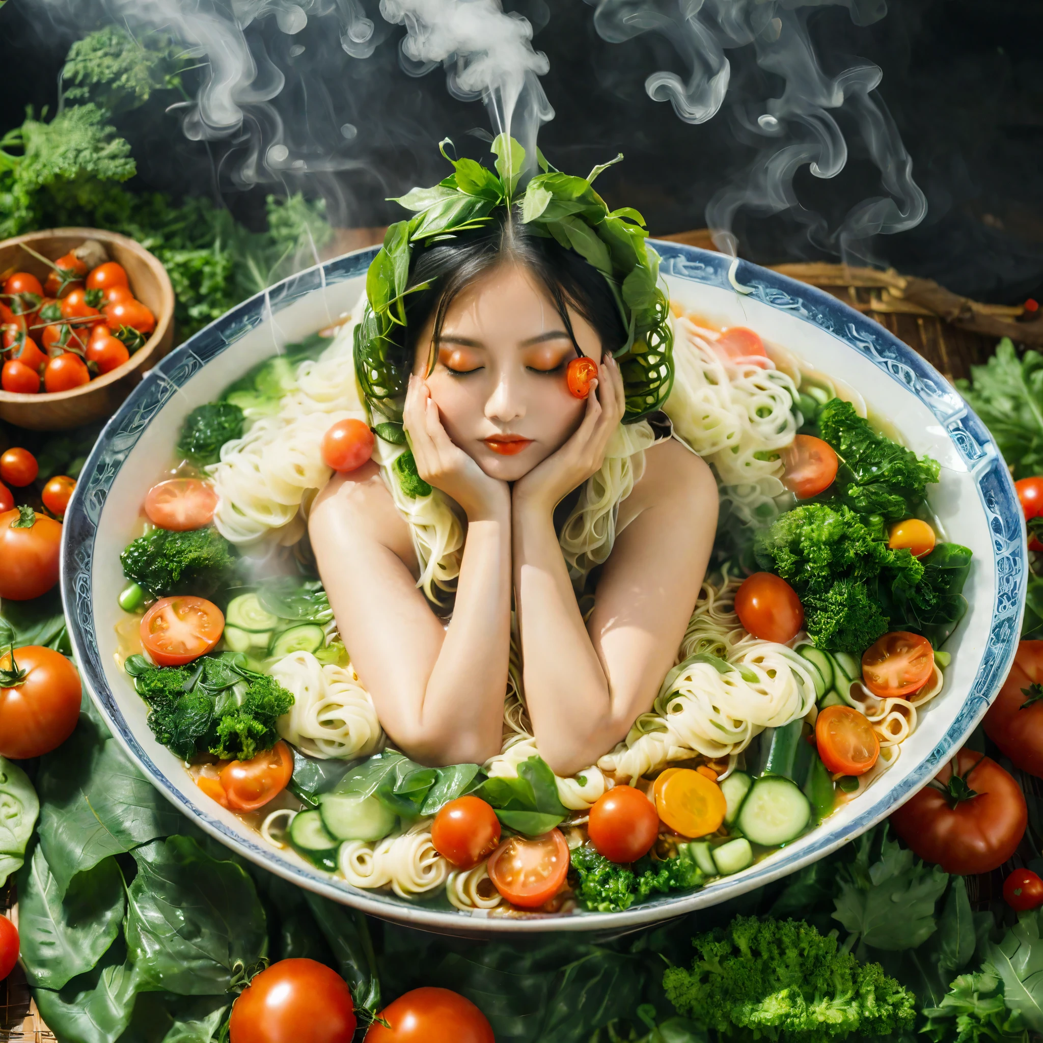 full body,A woman,Wearing vegetable leaf clothes,Lying in a round bowl of steaming noodles,The body is inside the face,Covered with vegetable leaves and tomato slices,Only the head and legs stick out