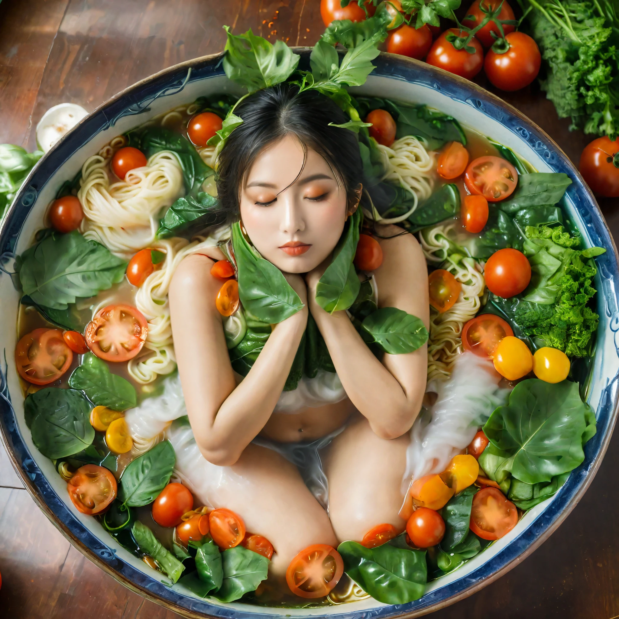 full body,A woman，Wearing vegetable leaf clothes，Lying in a round bowl of steaming noodles，The body is inside the face，Covered with vegetable leaves and tomato slices，Only the head and legs stick out