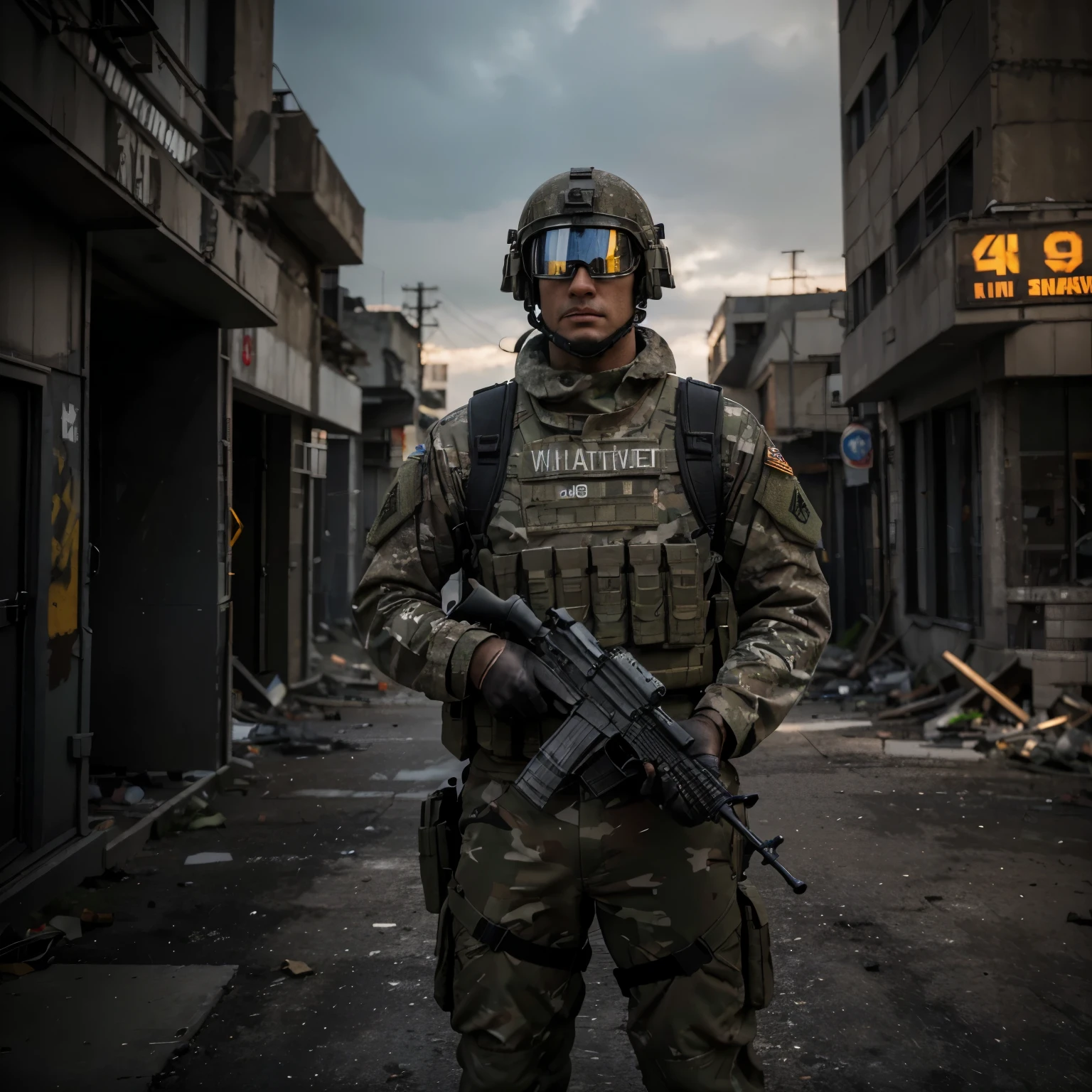 (best quality,4k,8k,highres,masterpiece:1.2),ultra-detailed,(realistic,photorealistic,photo-realistic:1.37),Modern Soldier wearing tactical helmet with visor, camouflage uniform, and combat boots,standing in an urban battlefield,fierce and determined expression,holding a futuristic assault rifle with advanced attachments,smoke grenade attached to the tactical vest,shadows of destroyed buildings in the background,dramatic lighting highlighting the soldier's face,impressive details on the helmet,including night vision goggles and a heads-up display,metallic texture on the assault rifle and combat boots,dusty and gritty atmosphere,enhanced with HDR for a realistic feel,color palette dominated by shades of gray and olive green,bokeh effect in the background to create depth and focus on the soldier,professionally crafted and vividly colored artwork。