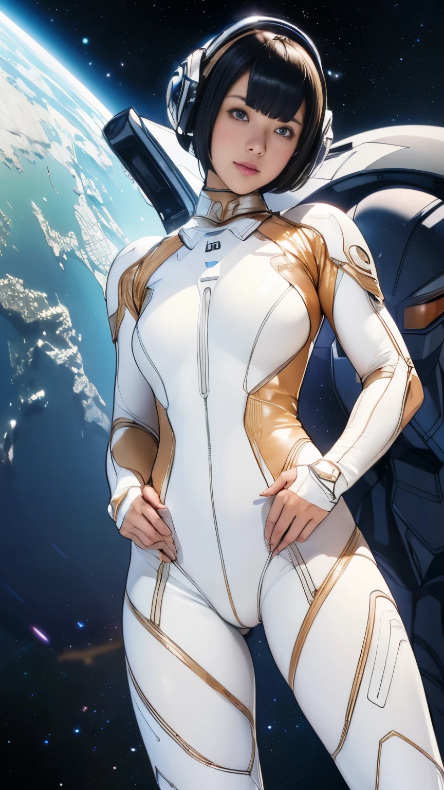 (masterpiece、highest quality、highest resolution、clear_image、Detailed details): (full body figure、15 year old girl、Japanese face、small face、thin、navy blue super short bob cut hair、blue colored eyes、((navy long sleeve space suit、space helmet))、headset、cosmic handbag、cute type、gentle smile、soft expression、headset、(((knee high boots)))、gloves up to the elbow、eye level shot、face directly、woman on a spaceship), (((camel toe))), ((Pure white leotard))