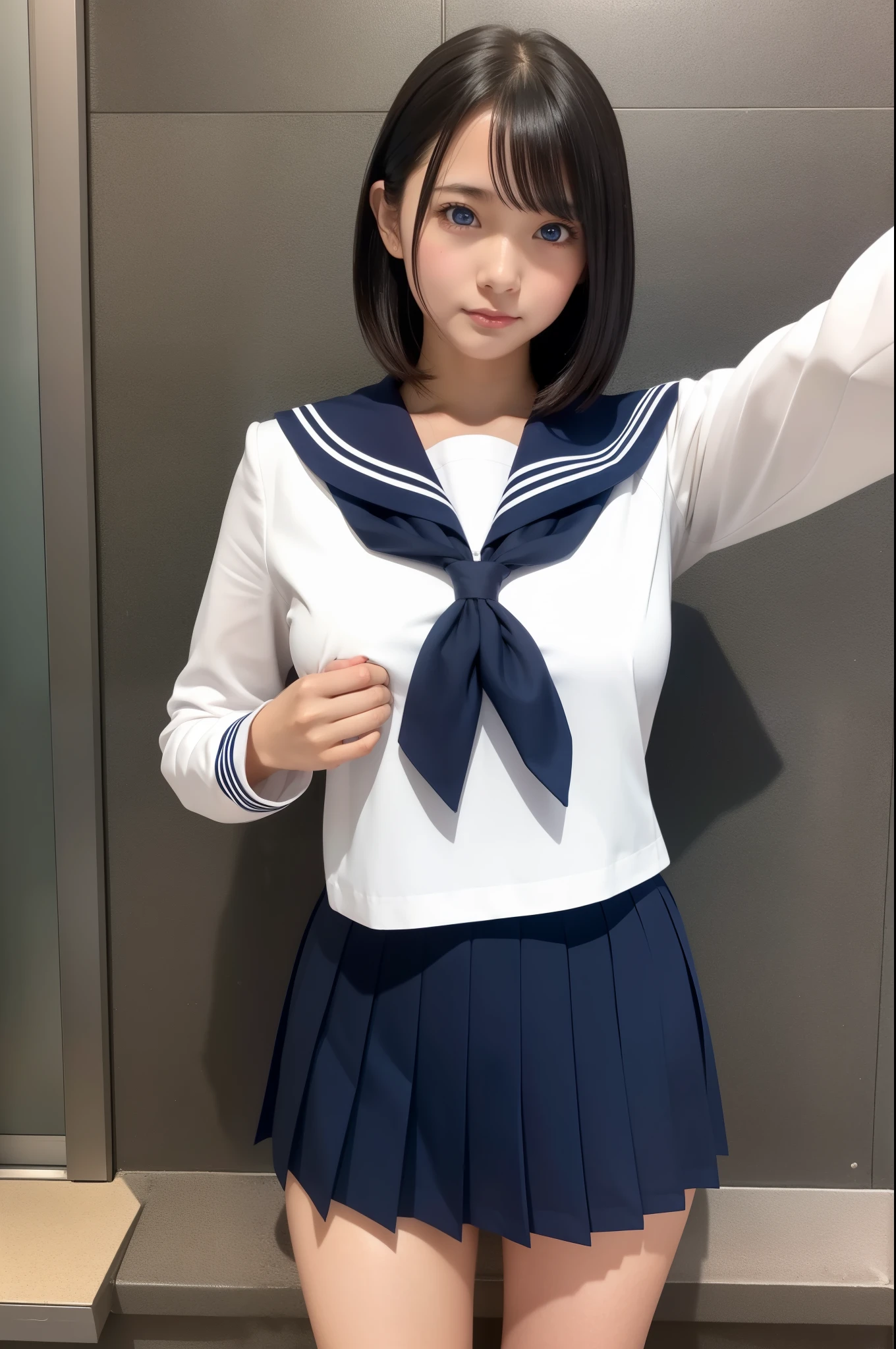 1girl, (solo), (selfie), (), huge breast:1.4, ((beautiful anime eyes with fine detail)), realistic skin, sailor suit, (Navy blue pleated miniskirt)