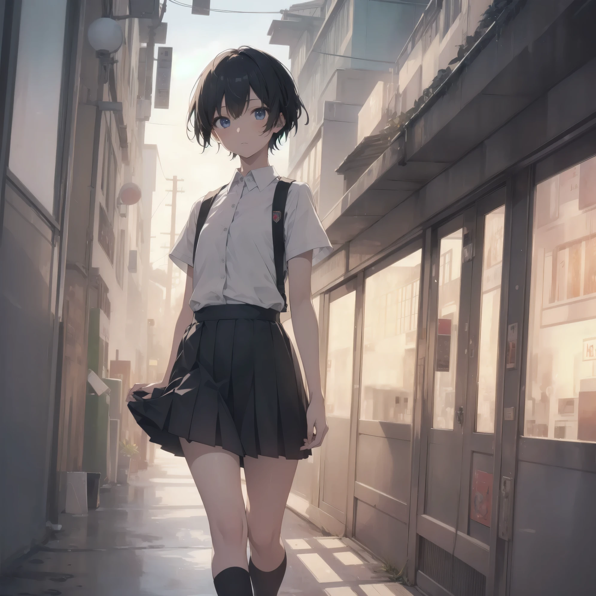 Super absurd quality by the god of art, super detailed, High resolution, anime moe art style, Best Anime 8K Kona-chan Wallpaper, pixiv contest winner, perfect anatomy, break, (眠そうにalone学校へ行く女の子を描いてください. )break,1 girl, (alone,little woman, cute face, 13 years old:1.3),All limbs, full finger,, The charm of an immature body, (very_short hair), shortcut, Bang, flat chest, small ass, between legs, small black eyes, detailed and beautiful eyes, Well-proportioned iris and pupils, expressive eyes, High resolutionの詳細な髪, neck ribbon, shirt, collared shirt, skirt, pleated skirt, school uniform, (detailed lighting), (detailed background), On the way to school. break,super dense skin, Best cinematic lighting powered by famous artist, 8k,Beauty Illustration,photoshop_(Moderate),Absurd Hi-Res,Hmm,rough skin,break,((artist:Fujiyama)), artist:Fujichoko,artist:Yamamoto_Soichiro,artist:hanekoto