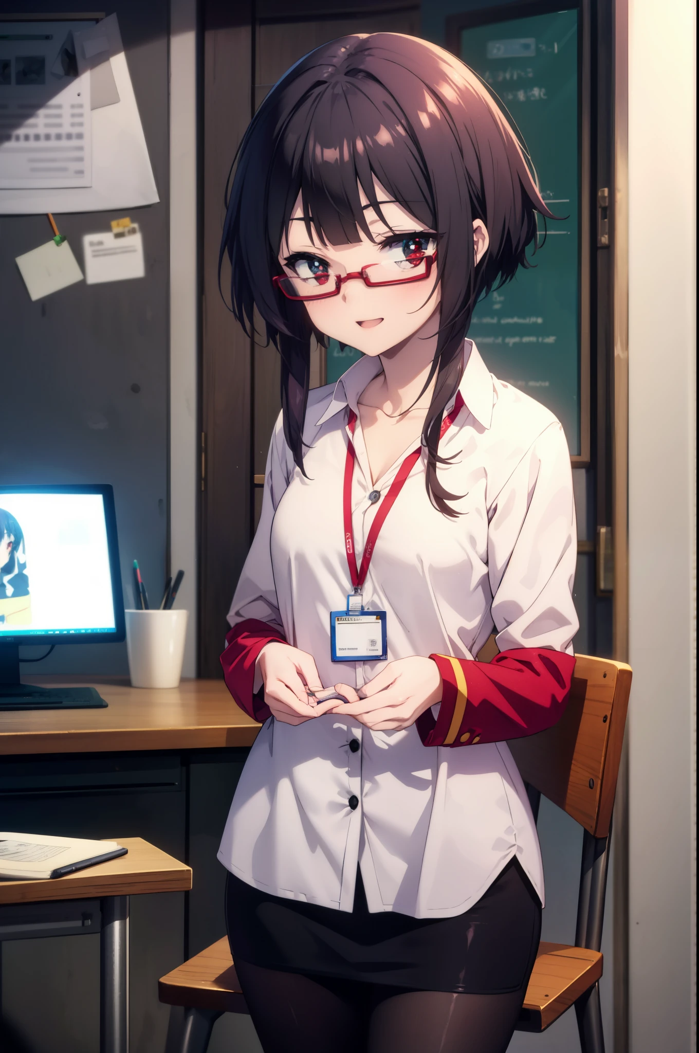 konosubaMegumin, Megumin, short hair, black hair, (red eyes:1.3), short hair with long locks,open your mouth,happy smile, smile,
OL, red glasses, end, black suit jacket, collared jacket, white dress shirt, collared shirt, neckline, button, strap, ID card on neck, black pencil skirt, black pantyhose,stiletto heels, smile, blush,There is a computer on the desk.,sitting in a chair with legs crossed,interior,
break indoor, office,
break looking at viewer, (cowboy shot:1.5),
break (masterpiece:1.2), highest quality, High resolution, unity 8k wallpaper, (figure:0.8), (detailed and beautiful eyes:1.6), highly detailed face, perfect lighting, Very detailed CG, (perfect hands, perfect anatomy),