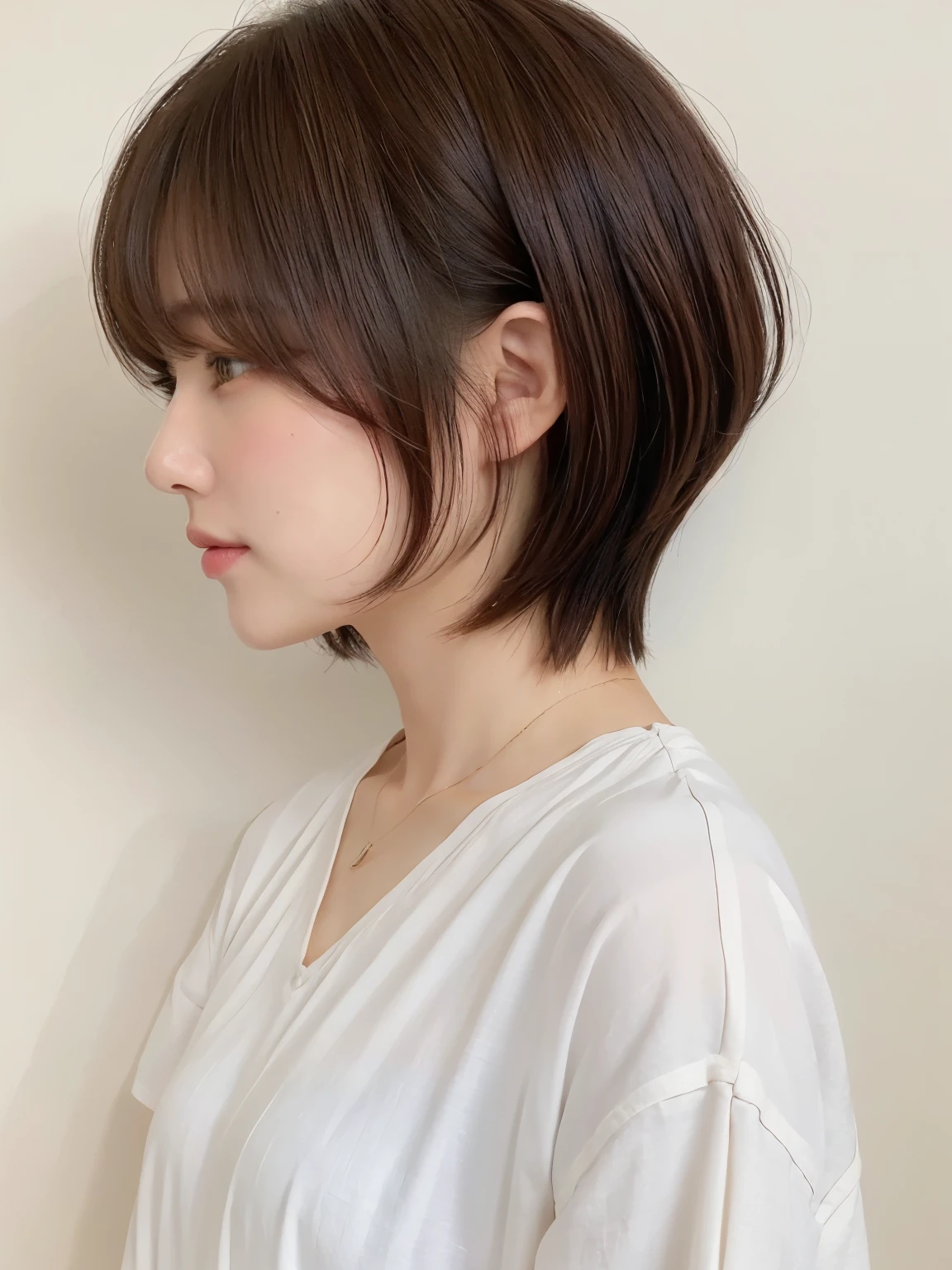 light yellow long sleeve dress、(8k、RAW photo、highest quality、masterpiece:1.2)、High-definition RAW color photo、professional photos、(realistic、photo realistic:1.37)、cinematic light、1 girl、laughter、white wall、Taken in front of the white door、(窓のあるwhite wallの部屋)、Various poses、break (ombre:1.3) 、simple necklace、spring clothes、(Beautiful profile:1.3)、don&#39;t look at the camera、profile、dark brown hair color、short hair