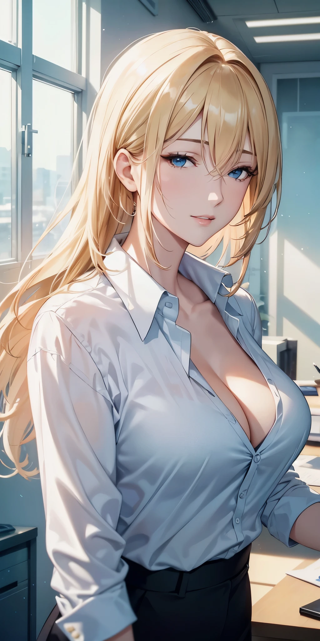 best quality, 4k resolution, portrait, elegant boss lady, fair skin, long straight hair, swept-side bang, [[[brown hair]]], blonde hair, office shirt, cleavage, office window, soft light, beautiful 