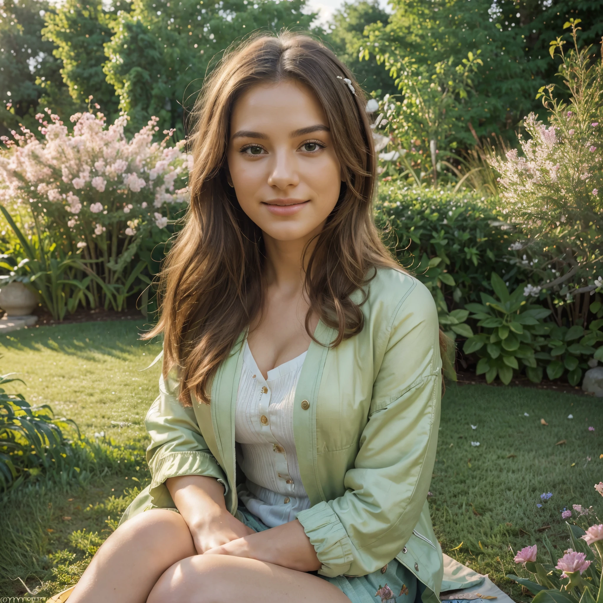 (best quality,4k,8k,highres,masterpiece:1.2),ultra-detailed,(realistic,photorealistic,photo-realistic:1.37),illustration,soft colors,beautiful garden,flowers,golden sunlight,vibrant green grass,peaceful atmosphere,faint breeze,expressive eyes,cute smile,flowing hair,serene expression,loneliness,fashionable jacket.