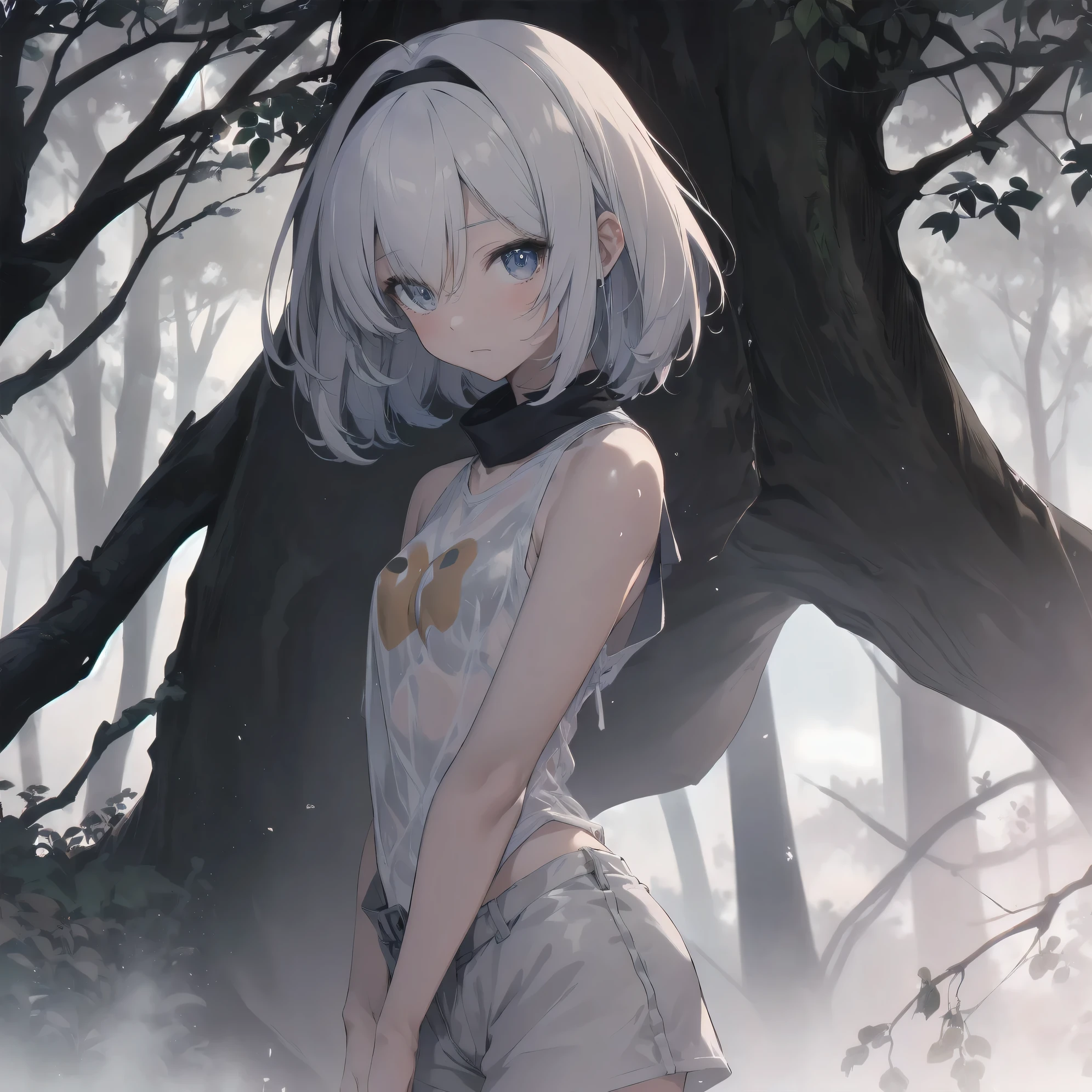 Super absurd quality by the god of art, super detailed, High resolution, anime moe art style, Best Anime 8K Kona-chan Wallpaper, pixiv contest winner, perfect anatomy, break,(NSFW,Please draw a picture of a girl wearing transparent clothes soaked in the rain., take shelter in the shade of a tree.),break,1 girl, (alone,little woman, cute face,:1.3),,, The charm of an immature body, (very_short hair), boyish short cut, bangs,(flat chest),Small Bodysuits, small ass, between legs, small eyes, small black eyes, detailed and beautiful eyes, Well-proportioned iris and pupils, expressive eyes, High resolutionの詳細な髪,(see-through tank top,shorts:1.2),Wet,(((I can see the nipples))) ,blush, Rainy,(detailed lighting), (detailed background),  Inside the school. break,super dense skin, Best sexual lighting powered by famous artist, 8k,Beauty Illustration,photoshop_(Moderate),Absurd Hi-Res,Hmm,rough skin,break,((artist:dark black,)) artist:Courges_ace , artist:mitsumi misato,artist:akinashi yuu 