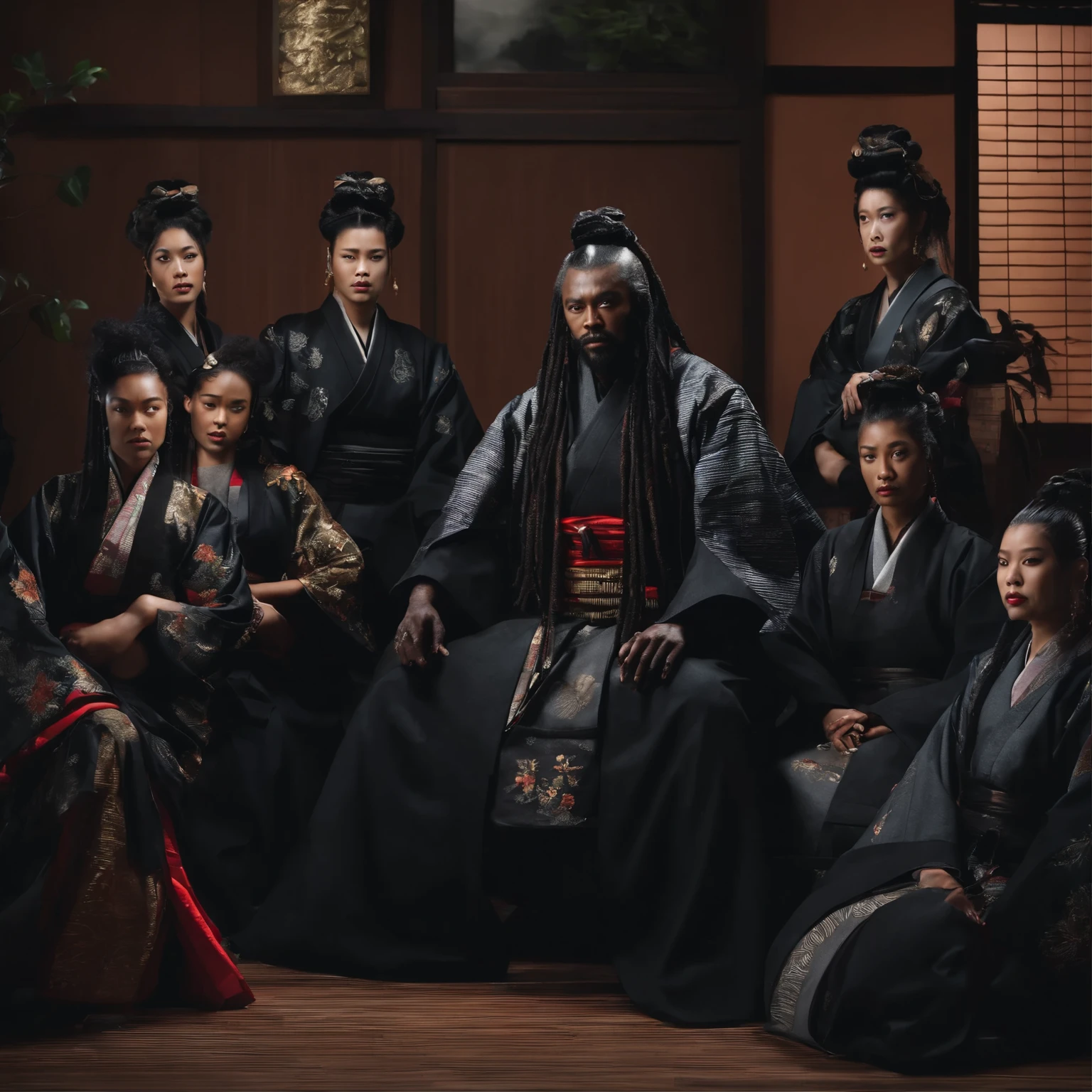 Black Samurai shogun, black and grey dreadlocks, stern expressions, sitting in his daimyo surrounded by diverse geishas in professional Business Attire