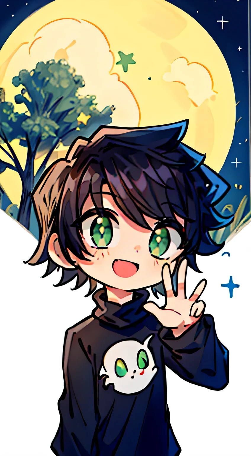 (masterpiece, best quality:1.2), illustration, absurdres, highres, extremely detailed, 
1boy, black hair , black shirt , green eyes , , hand on face , , open eyes , , looking at viewer , , happy , , white background , , chibi , waving hand , , upper body, (moon:1.2), night, depth of field, (:d:0.8),