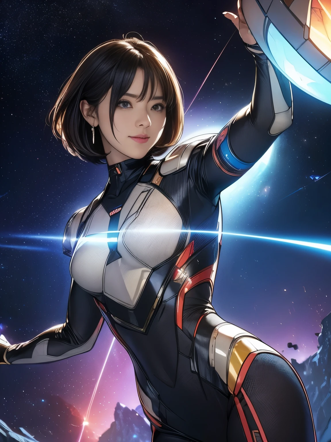 (original photo, best quality), (actual, photorealism:1.3), 1 girl, bob cut、earrings、Smile、actualbody,old space costume、ancient、rock、ancientの儀式、Pyramid shaped UFO flying from space、laser light、 (( Japanese girl)), ((armpit hair、armpit hairを見せる、raise arms、armpit))