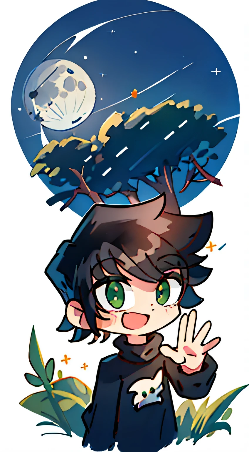 (masterpiece, best quality:1.2), illustration, absurdres, highres, extremely detailed, 
1boy, black hair , black shirt , green eyes , , hand on face , , open eyes , , looking at viewer , , happy , , white background , , chibi , waving hand , , upper body, (moon:1.2), night, depth of field, (:d:0.8),