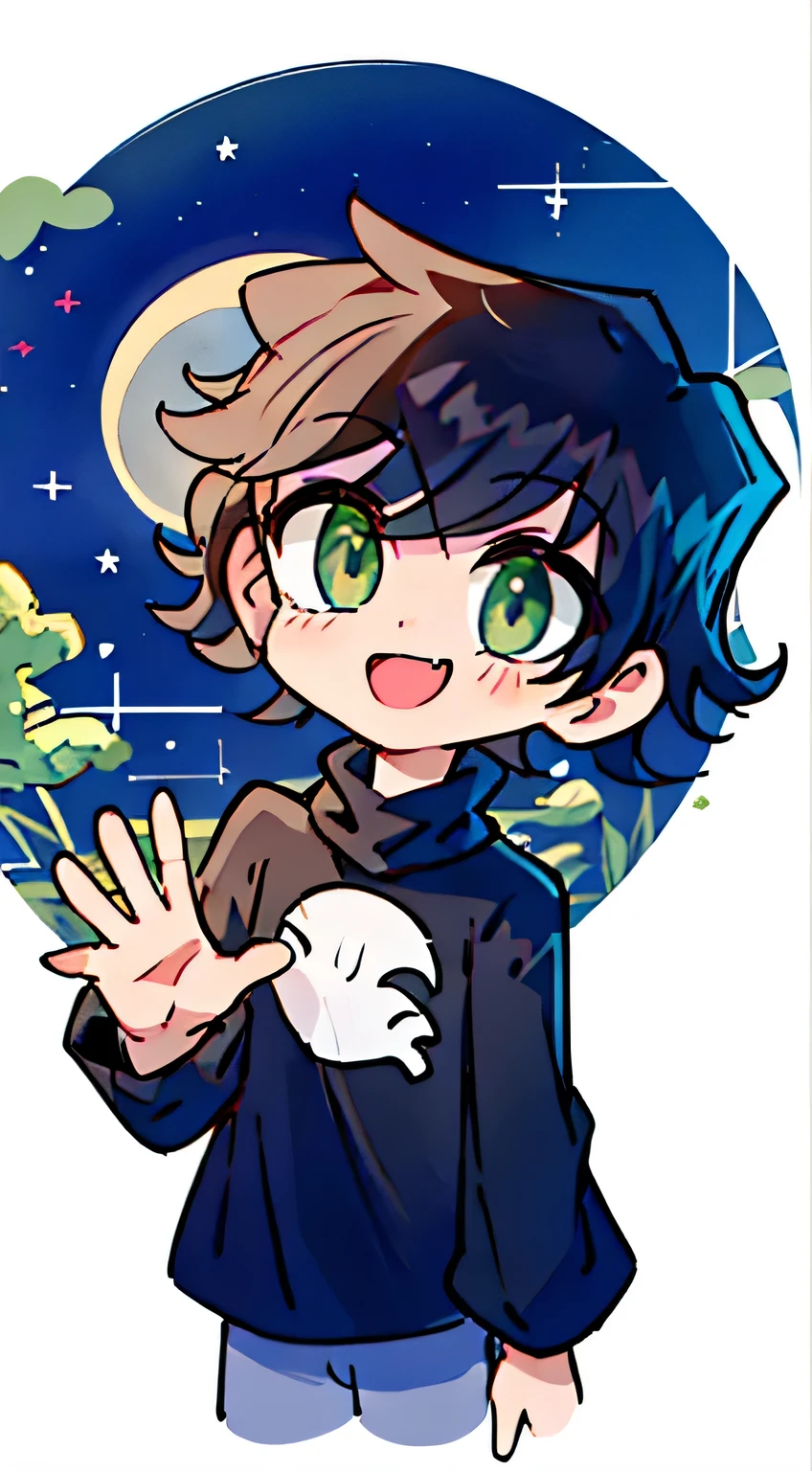 (masterpiece, best quality:1.2), illustration, absurdres, highres, extremely detailed, 
1boy, black hair , black shirt , green eyes , , hand on face , , open eyes , , looking at viewer , , happy , , white background , , chibi , waving hand , , upper body, (moon:1.2), night, depth of field, (:d:0.8),