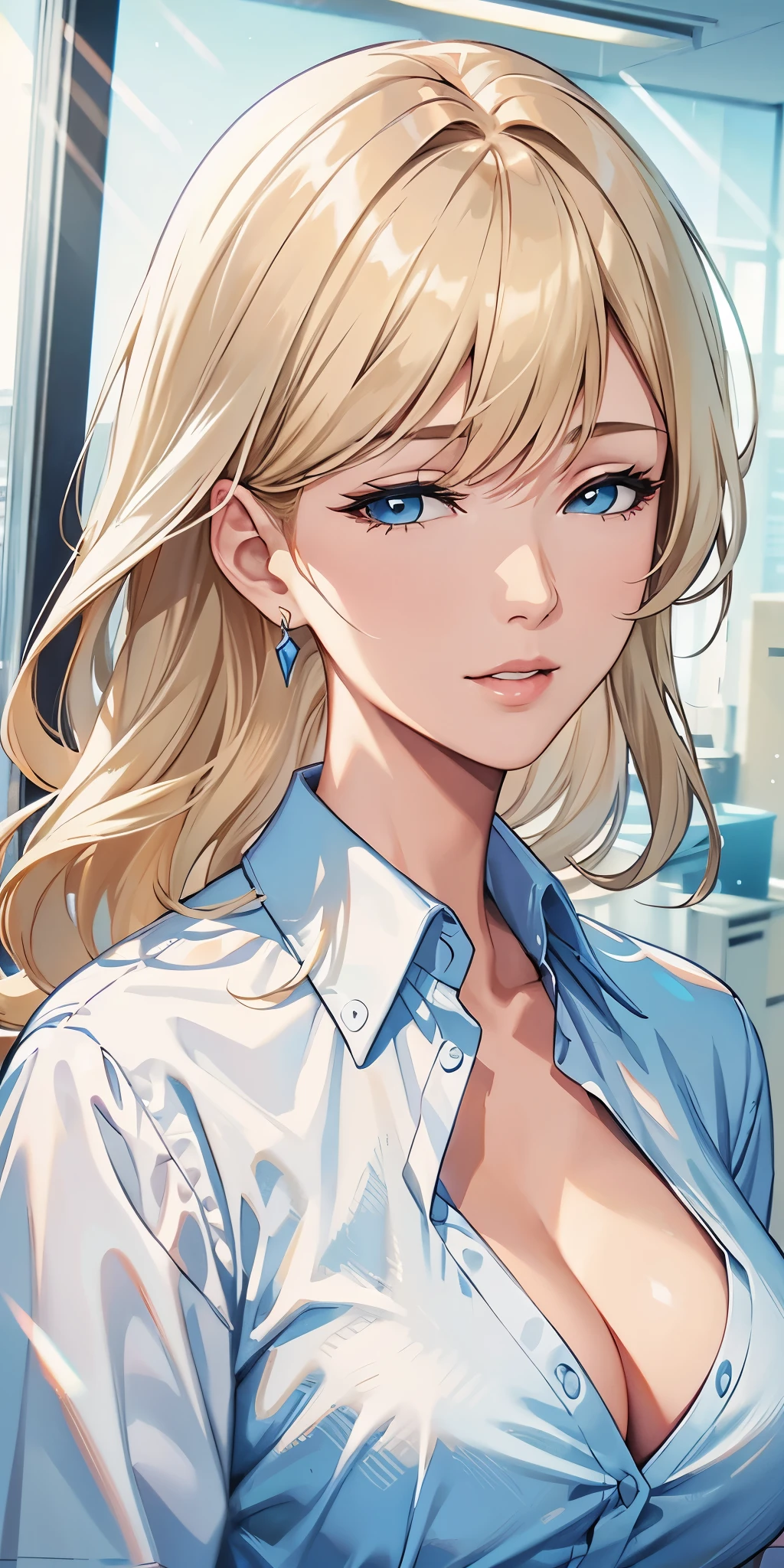best quality, 4k resolution, portrait, elegant boss lady, fair skin, long straight hair, swept-side bang, [[[brown hair]]], blonde hair, office shirt, cleavage, office window, soft light, beautiful 