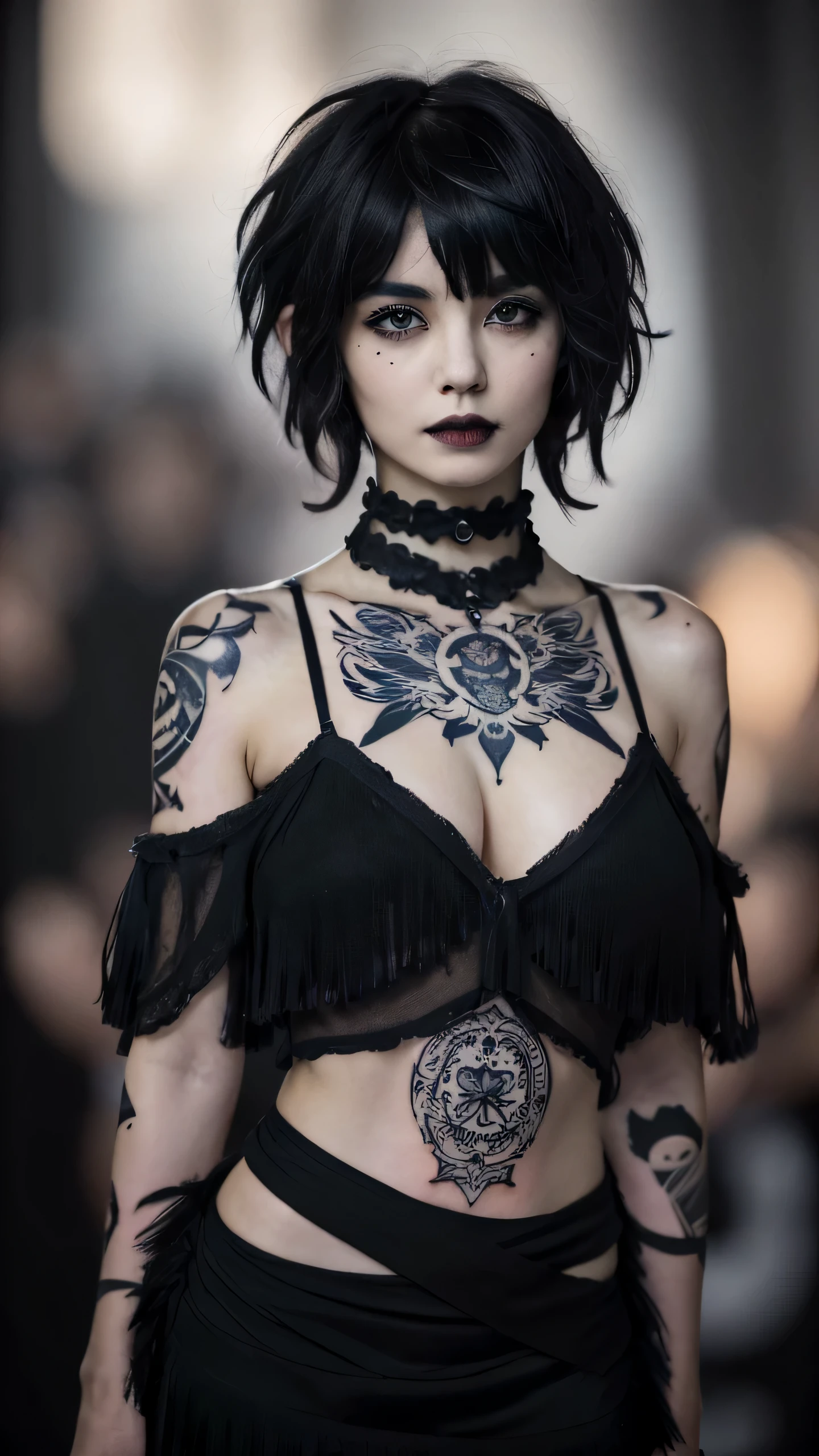 masterpiece,(best quality,top quality,8k),professional light,(ultra realistic poros),(photorealistic:1.5),detailed eyes and face,(raw photo:1.0),(realism: 1.4),(1girl),solo,cute young girl, (tattoos:1.2), black hair, messy hair, hair between eyes,fringe, pixie cut, goth, gothic, black lips,(black dress,cleavage:1.1),full body