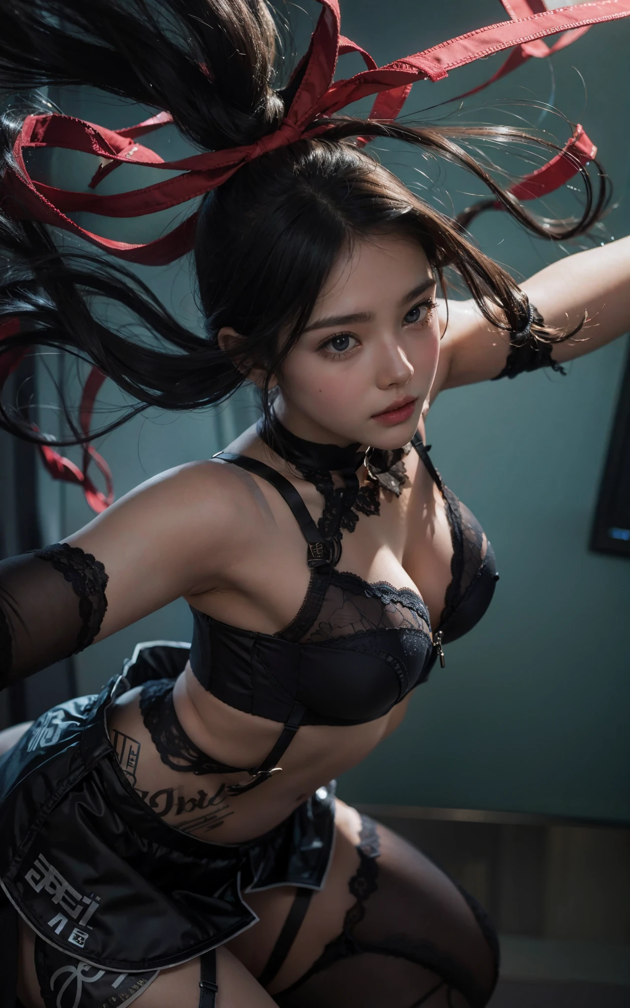 1girl, pantyhose, innocent face, eye contact, thighs, navel, armpit, realistic, hd, ((((((bra))))))