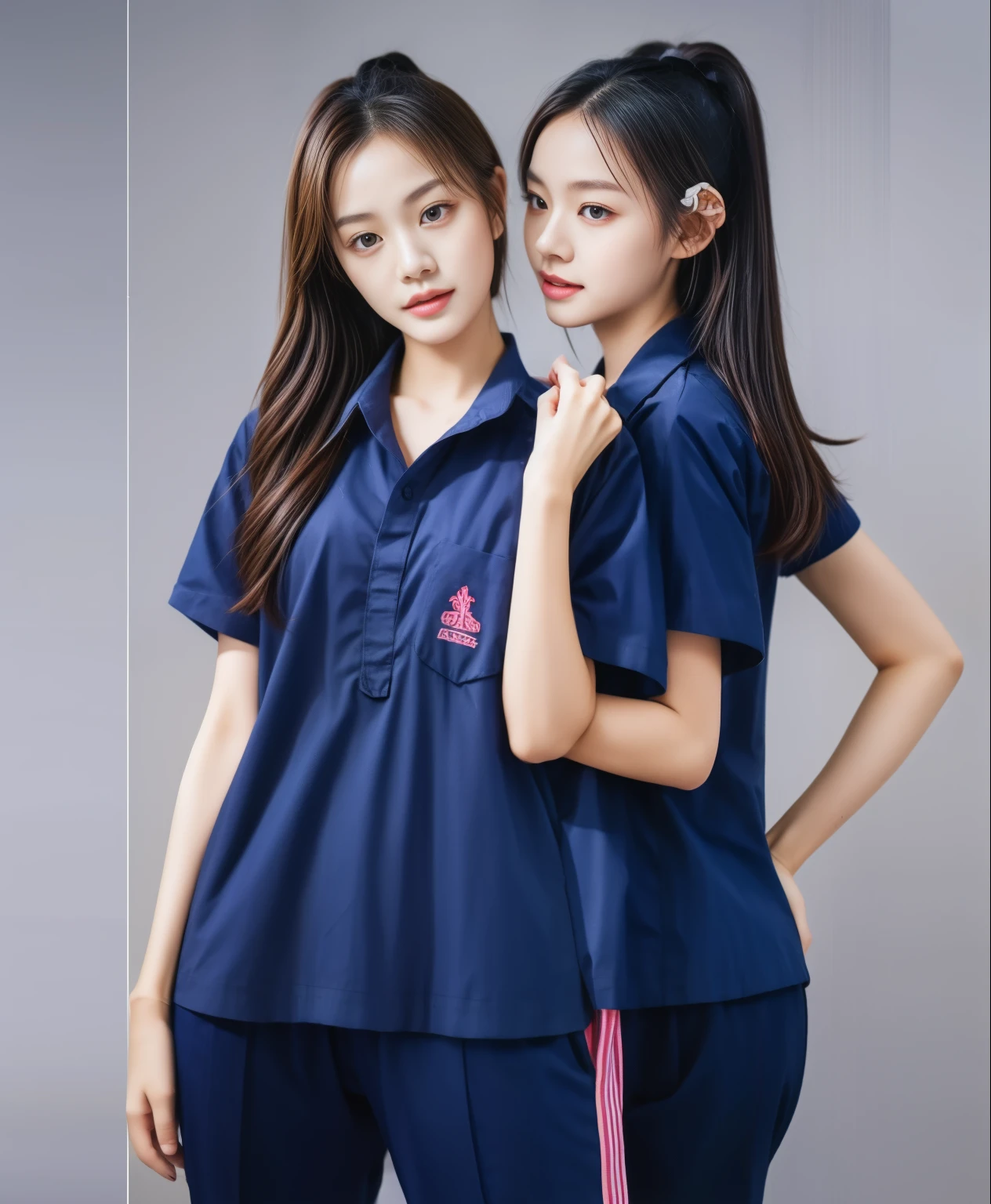 (best quality,10,10,height,Masterpiece:1.2),Special details,(realistic,ภาพrealistic,Realistic photos:1.37),1 Cute girl in the kitchen,shiny, ผิวshiny,only,smile softly,BDclothelue shirt:1.3)),short sleeve,shirt, กางเกงขาlong.,(navy_long_track pants:1.1), ((Kitchen Background)),Dynamic angle,excited,Face focus,dynamic poses,from behind,focus on ass,Masterpiece, best quality, ultra realistic, hyper-detail, 8K resolution, raw photos, Sharp focus, ((Navy blue shirt:1.1)), short sleeve, เส้นทางlong, perfect body, 2 mature women, 18 years old, Cinema-grade lighting system,blue sweatpants,shirtผ้าออกกำลังกาย,correct anatomy,perfect body, correct body, Sharp face, correct bodyทางกายวิภาค, full body, realistic gestures, long-haired, realistic poses,Wear long shorts...........................,ช่วงขาlong,Good shape,carved girl, Slender figure, model, Good shape, beautiful body,blue sweatpants, two girls kissing