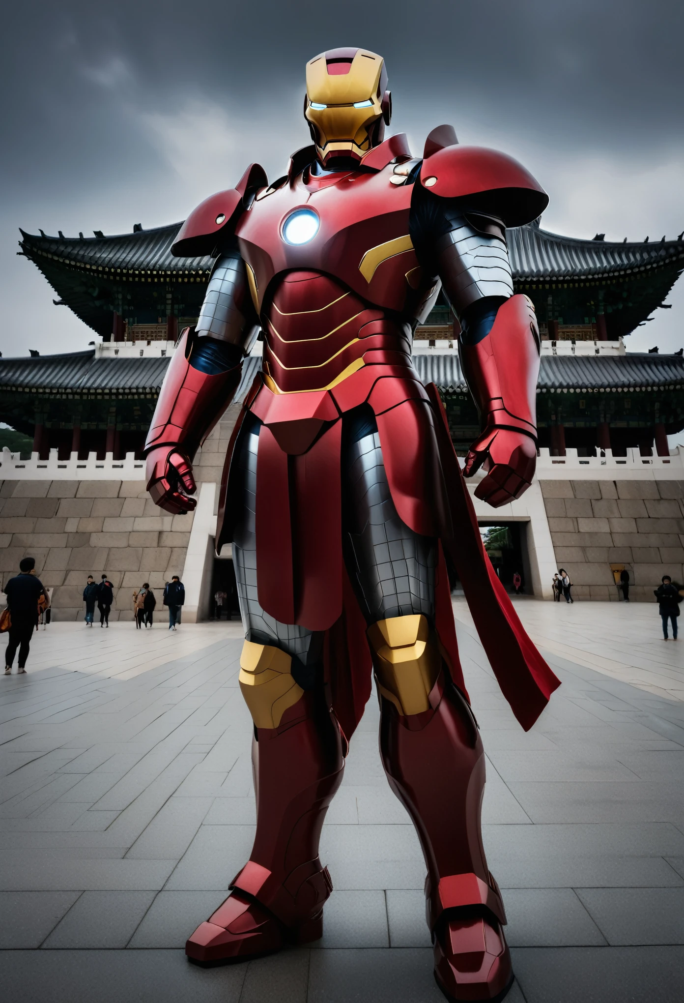  a ironman standing in the middle of the city. make ironman suit to admiral Yi Sun-shin style. The background is a Dark Gyeongbokgung Palace, emphasizing his rugged features under natural light.