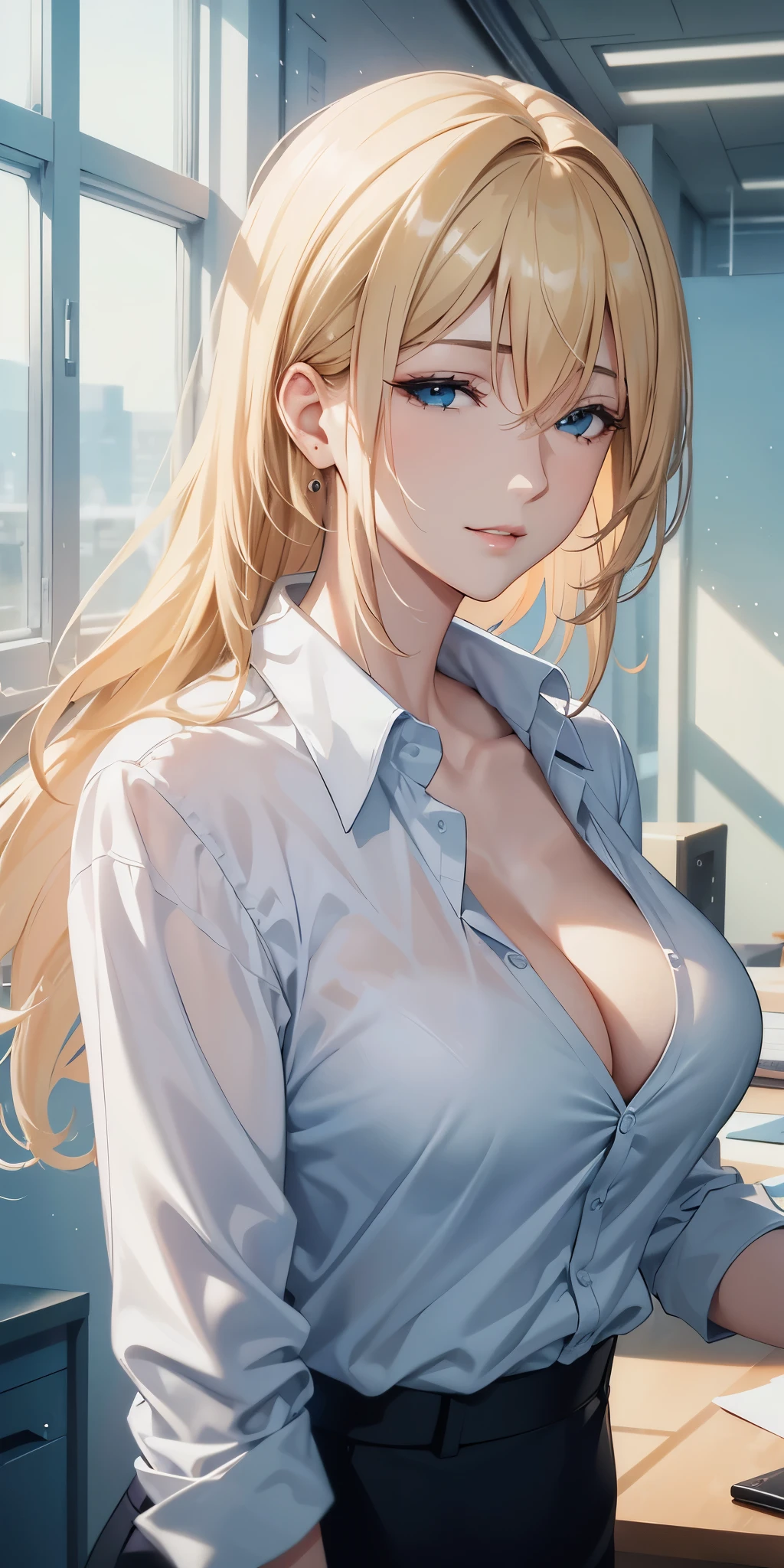 best quality, 4k resolution, portrait, elegant boss lady, fair skin, long straight hair, swept-side bang, [[[brown hair]]], blonde hair, office shirt, cleavage, office window, soft light, beautiful 