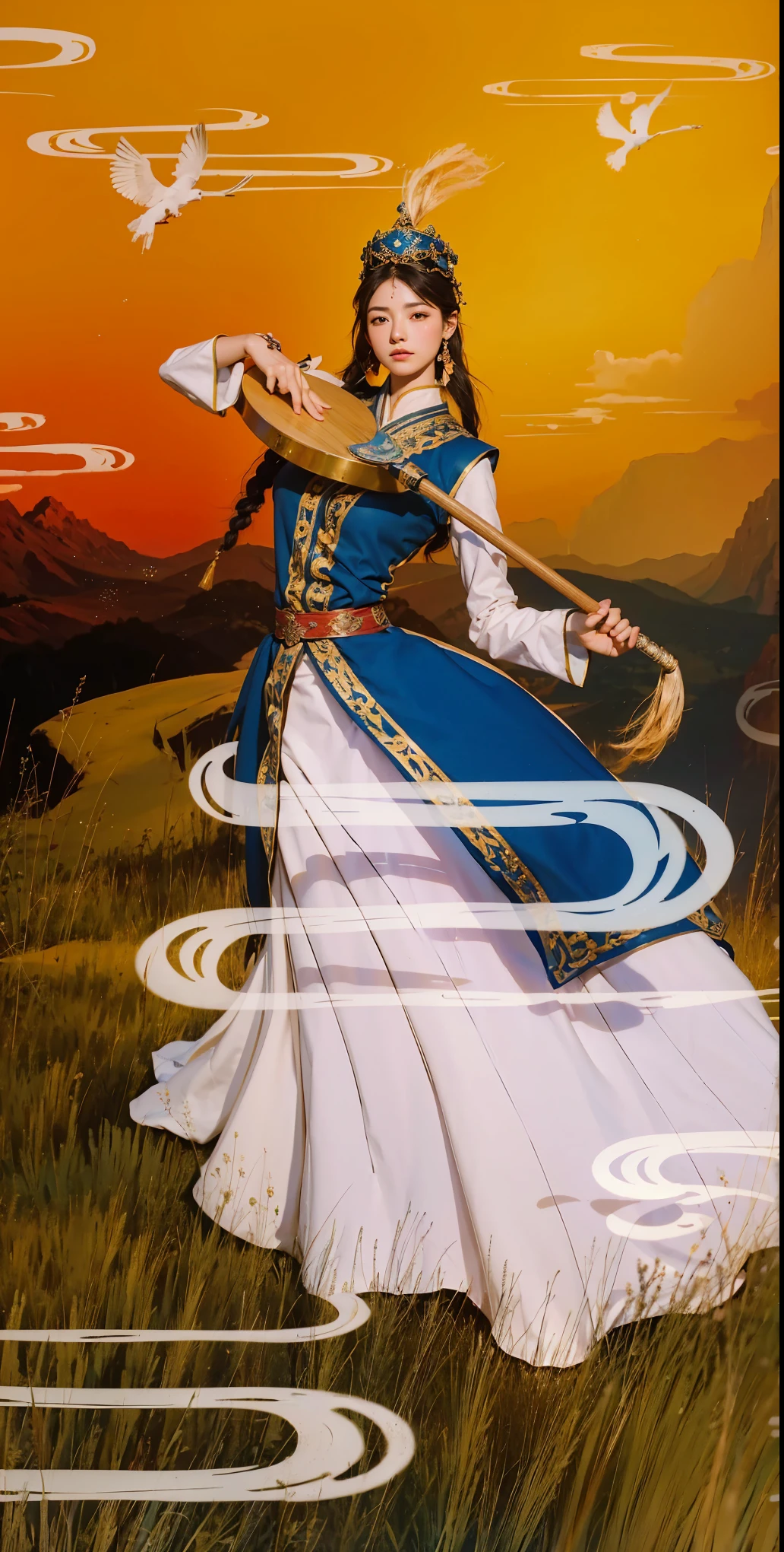 Girl wearing Xinjiang costume and playing musical instrument，eyes closed，Revel in the beauty，On the grassland at dusk, Inspired by land base, inspired by Yang Buzhi, Z style art, Illustrations inspired by Persian folklore, Inspired by Song Maojin, Inspired by Ji Yunfei, Persian folk storytelling art style, A beautiful artistic illustration, With Xinjiang art style, Detailed clouds，Detailed distant mountains，Detailed steppe. (best quality, 4k, 8k, high resolution, masterpiece:1.2), super detailed, (actual, photoactual, photo-actual:1.37), high dynamic range, ultra high definition, studio lighting, Ultra-fine painting, sharp focus, Physically based rendering, extremely detailed description, professional, bright colors, Bokeh, portrait, landscape,, Science fiction, photography, concept artist, Vibrant shades, Picturesque lights.