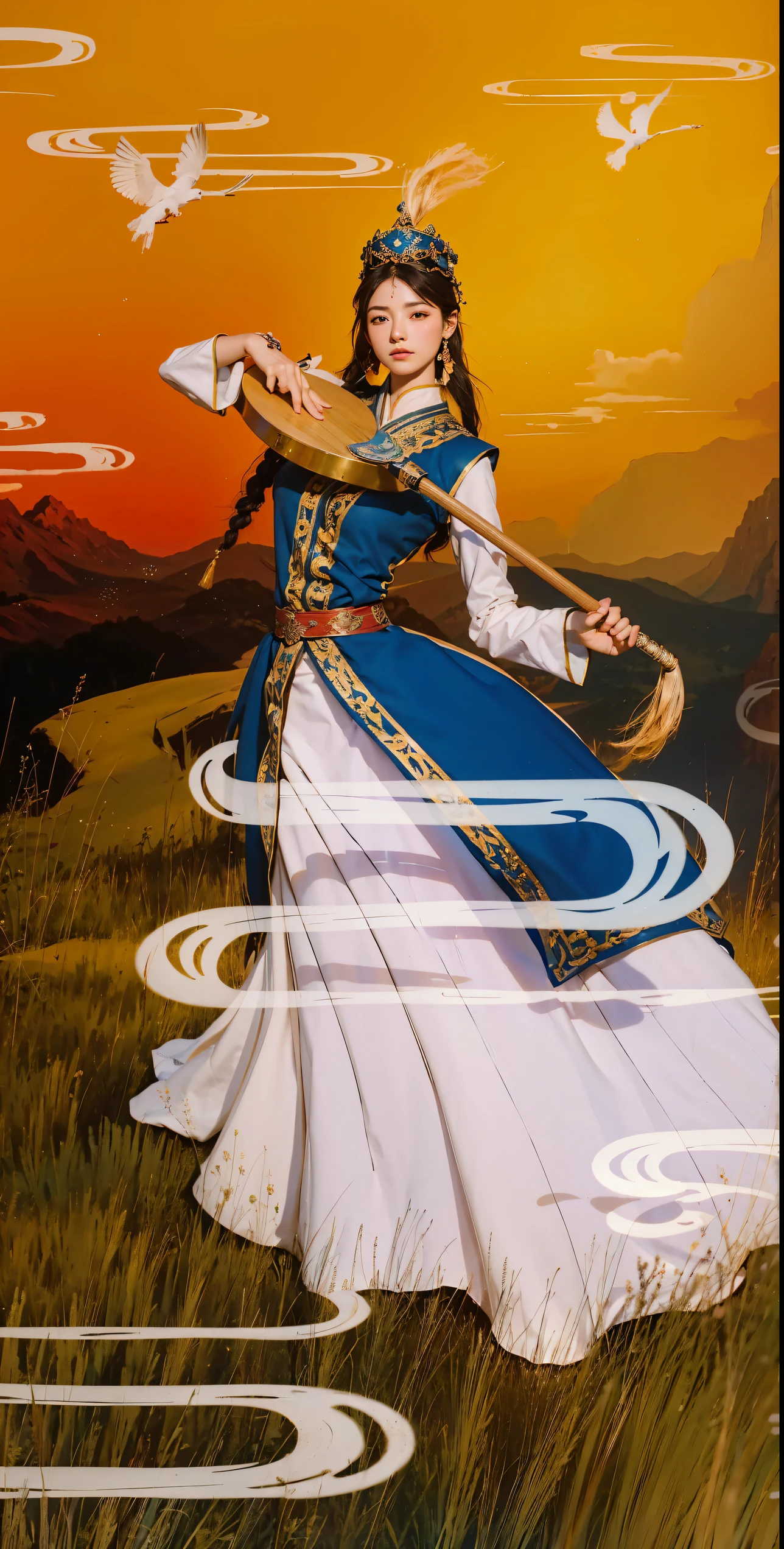 Girl wearing Xinjiang costume playing musical instrument，eyes closed，intoxicated with beauty，On the steppe at dusk, inspired by land base, inspired by Yang Buzhi, Z style art, Illustrations inspired by Persian folklore, Inspired by Song Maojin, Inspired by Ji Yunfei, Persian folk storytelling art style, A beautiful artistic illustration, With Xinjiang art style, Detailed cloud，Detailed distant mountains，Detailed steppe. (best quality, 4k, 8k, high resolution, masterpiece:1.2), super detailed, (actual, photoactual, photo-actual:1.37), high dynamic range, ultra high definition, studio lighting, Ultra-fine painting, sharp focus, Physically based rendering, extremely detailed description, professional, bright colors, Bokeh, portrait, landscape,, Science fiction, photography, concept artist, Vibrant shades, Picturesque lights.