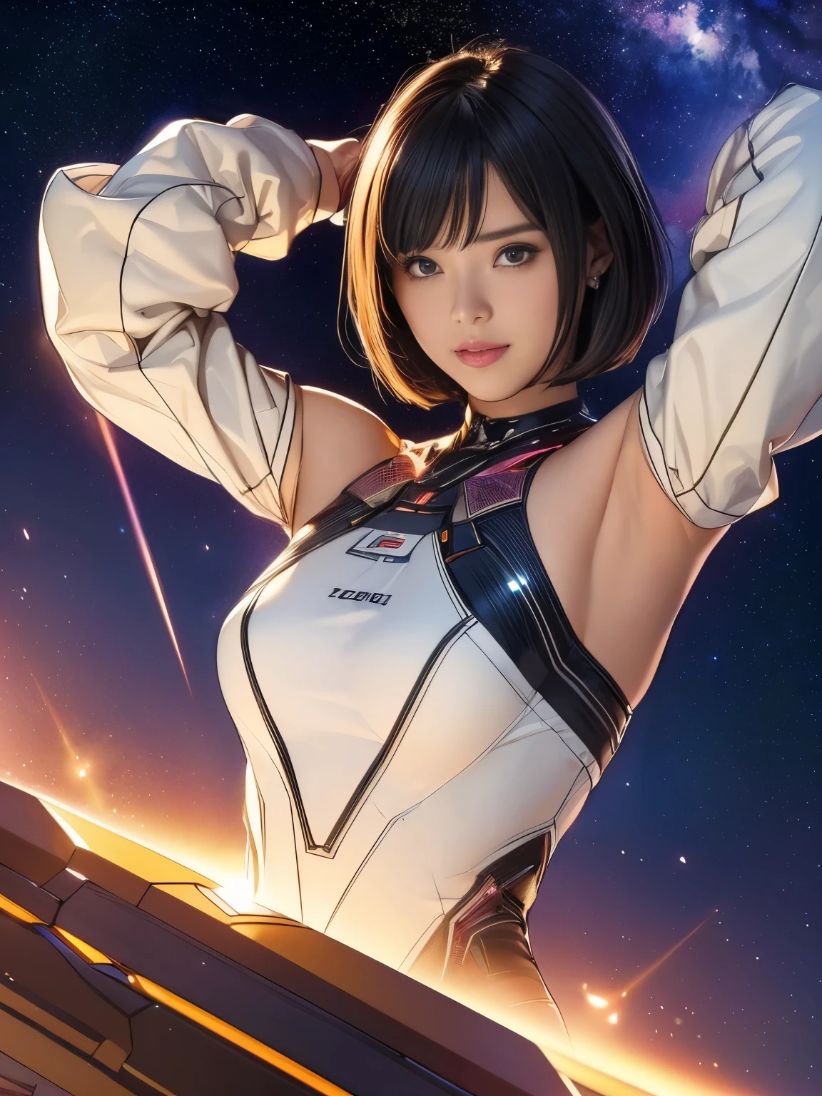 (original photo, best quality), (actual, photorealism:1.3), 1 girl, bob cut、earrings、Smile、actualbody,old space costume、ancient、rock、ancientの儀式、Pyramid shaped UFO flying from space、laser light、 (( Japanese girl)), ((armpit hair、armpit hairを見せる、raise arms、armpit))