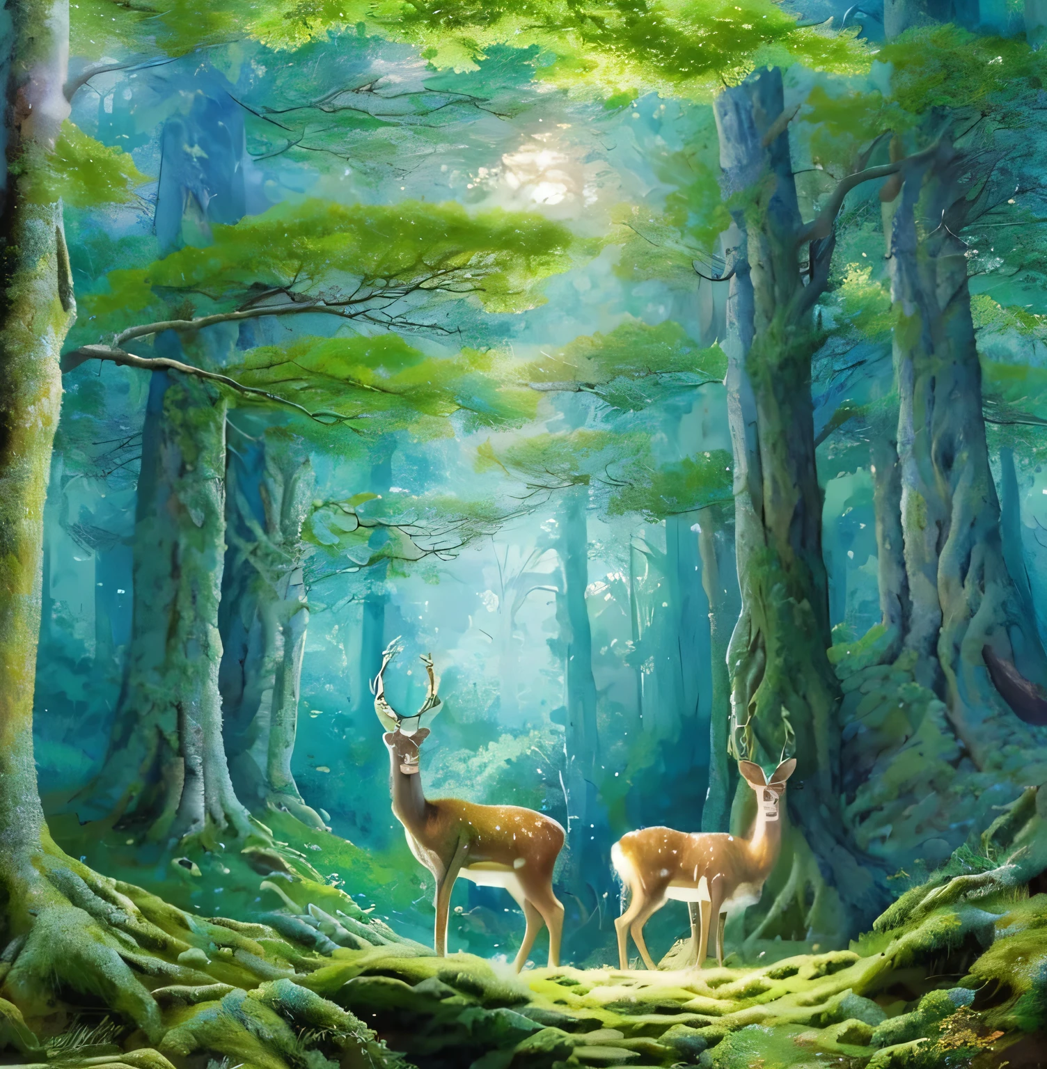 highest quality, masterpiece, figure, super detailed, green forest, deer 