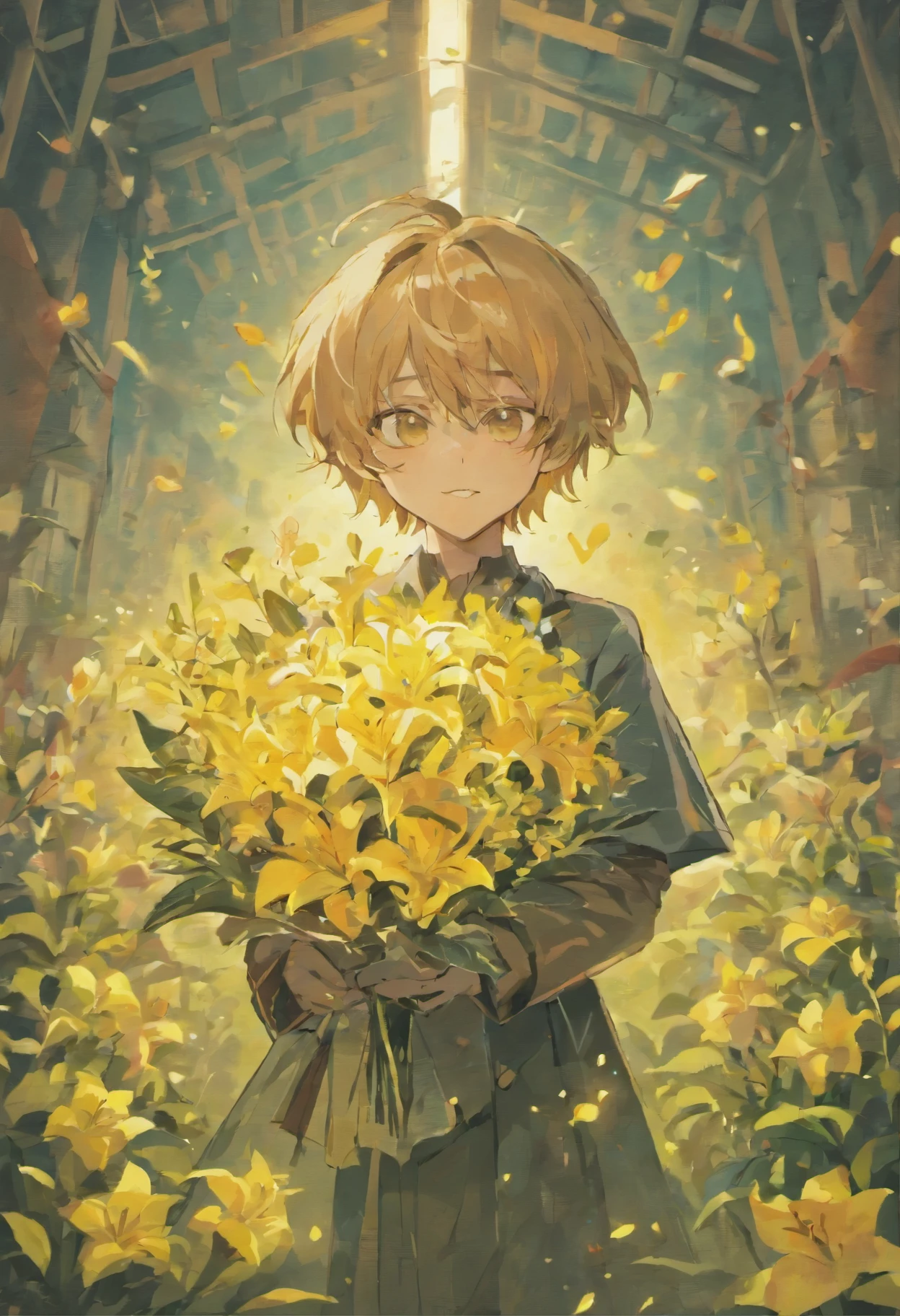 A headsome man is holding a bouquet of liliy and on the other hand holding a gift 