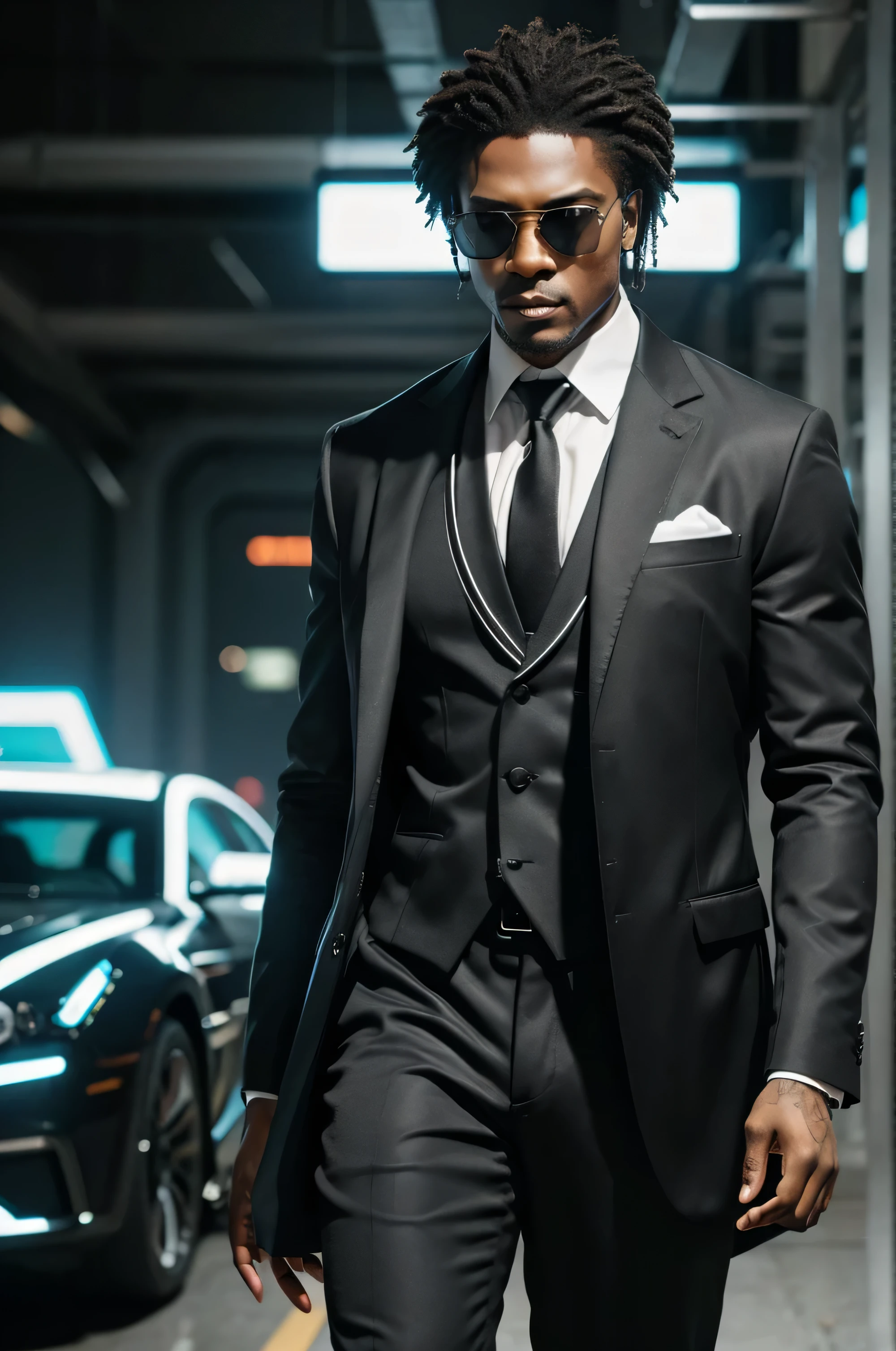 The character is a black businessman, com cabelo preto volumoso estilo power. He is wearing an elegant white suit, com uma gravata preta estilo cyberpunk. His face is adorned with a pair of black sunglasses with a futuristic design similar to the Oakley brand... A imagem deve ser frontal, showing the character facing directly at the camera, and its general style is cyberpunk, incluindo suas roupas.