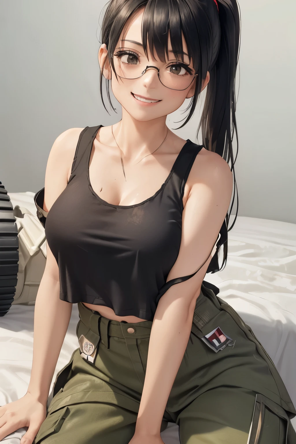 ((wide angle image)), beautiful female veteran, black hair in a ponytail, bangs, wearing large glasses, covering a wound, injured, smiling confidently, (((wearing a white military tank top, layered with a ww2 Oversized military shirt , wearing ww2 military pants Oversized, Off shoulders, Distressed, worn-out))), on the ww2 battlefield