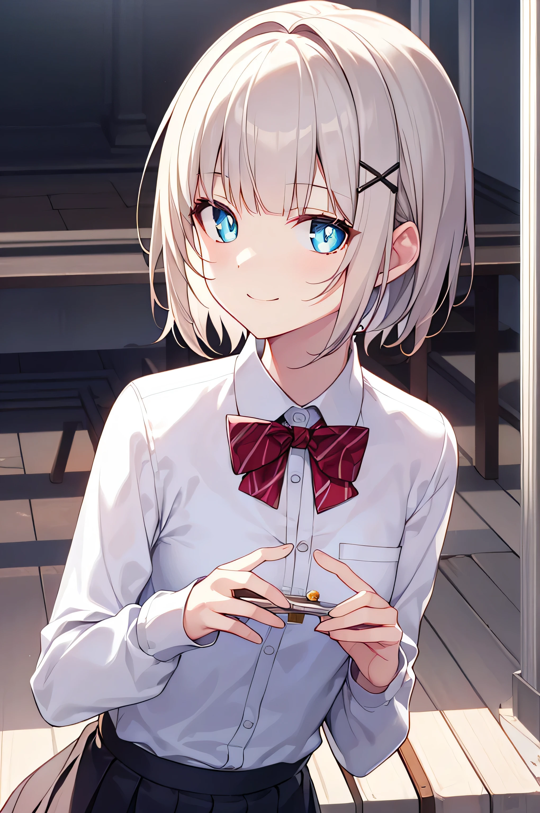 detectivelunch break, Smile, short hair, Bangs, blue eyes, shirt, hair accessories, long sleeves, skirt, bow, white hair, hairpin, blunt Bangs, bowtie, red bow, x hair accessories, red bowtie, lunch break, (medium chest:1.2), rest looking at viewer, rest outside, rest (masterpiece:1.2), best quality, high resolution, unified 8k wallpaper, (illustration:0.8), (beautiful and delicate eyes:1.6), extremely detailed face, perfect lighting, Extremely detailed CG, (perfect hands, perfect anatomy),