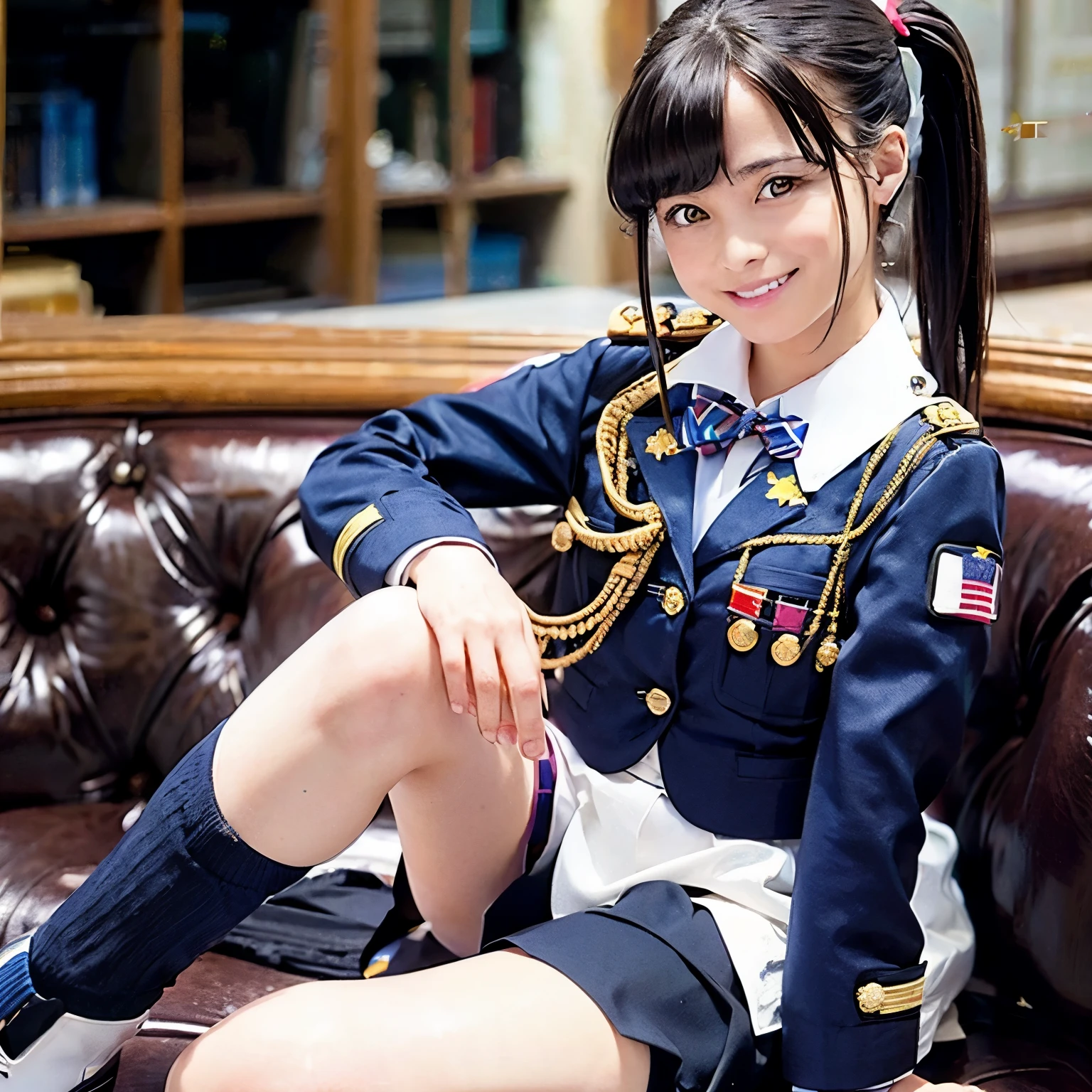 uniform,miniskirt,JK,knee high,ponytail,A bow tie,Smiling smile
