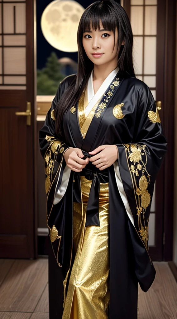 Detailed background((a moon：1.5),Desolate city)、BREAK,elaborate costume{Luxury kimono(Black kimono(Detailed golden embroidery,))}、(Japanese Idol(actress):1.2)(face perfect:1.2),Expressing a beautiful and elegant woman。glossy dark hair,poneyTail,Heart in the eye。 Wallpapers 16K, .Blur the background with a sickle,((masutepiece)), ((Best Quality)),{{a portrait photo of}},full body Esbian、Faraway view,Like a corporate logo