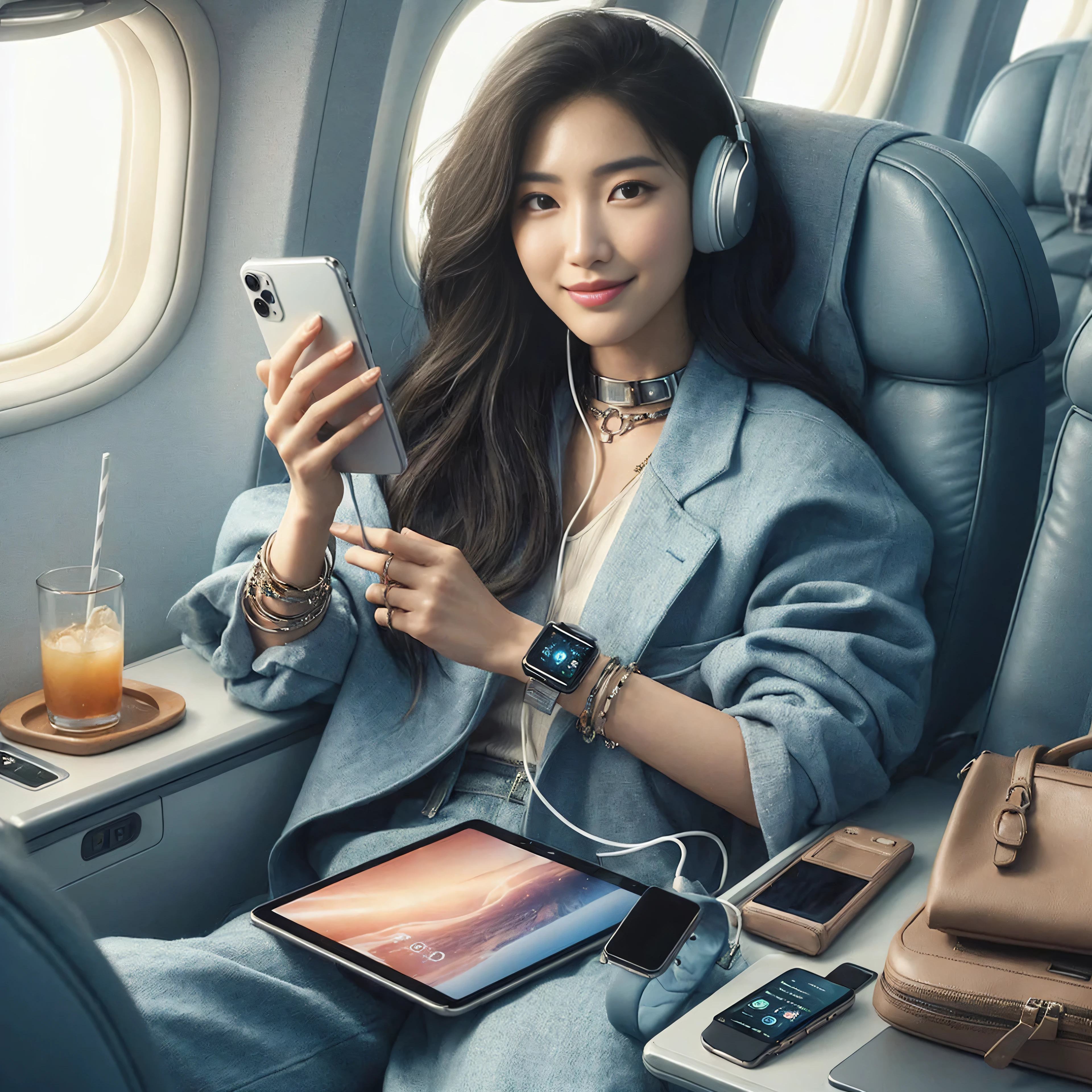arafed woman sitting in a plane with headphones and a tablet, bae suzy, elegant look, portrait shot, fanart, cai xukun, luxury advertisement, elegant pose, gemma chan, beautiful digital artwork, tech art, gemma chen, tzuyu from twice, lalisa manobal, stunning high tech, gemma chan beautiful girl, sleek design. Award Winning Print Advertisement image of a documentary photo of a very stylish beautiful Chinese model with a soft smile expression, wearing a very stylish blue modern casual outfit, using a smartphone, iPad, iPhone15 Pro, apple watch, headphones, playing on an airplane background, Capture moments that confident and the convenience of staying charged on the go, on white background. Enhance key light & fill light, color correction, octane render, 60k, hyper-realistic, high key, extreme depth of field, lens blur on background, rules of third.