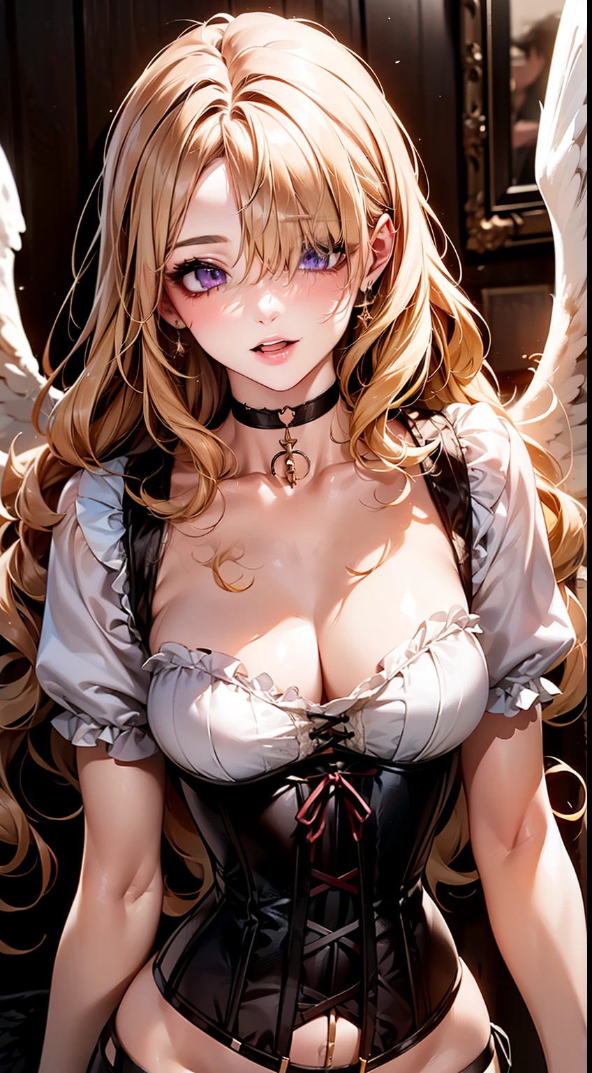 ((long blonde hair:1.8, Curly hair on the outside, hair above one eye:1.6)), (shining purple eyes)beautiful, beautiful woman, perfect anatomy, perfect body, perfect breasts, ((angel with a pair of wings spread:1.8, white clothes, corset, choker:1.6)), forest:1.6, captivating gaze, slight smile, realism, masterpiece, rough skin , Super detailed, high detail, high quality, 最high quality, 1080p, 16k